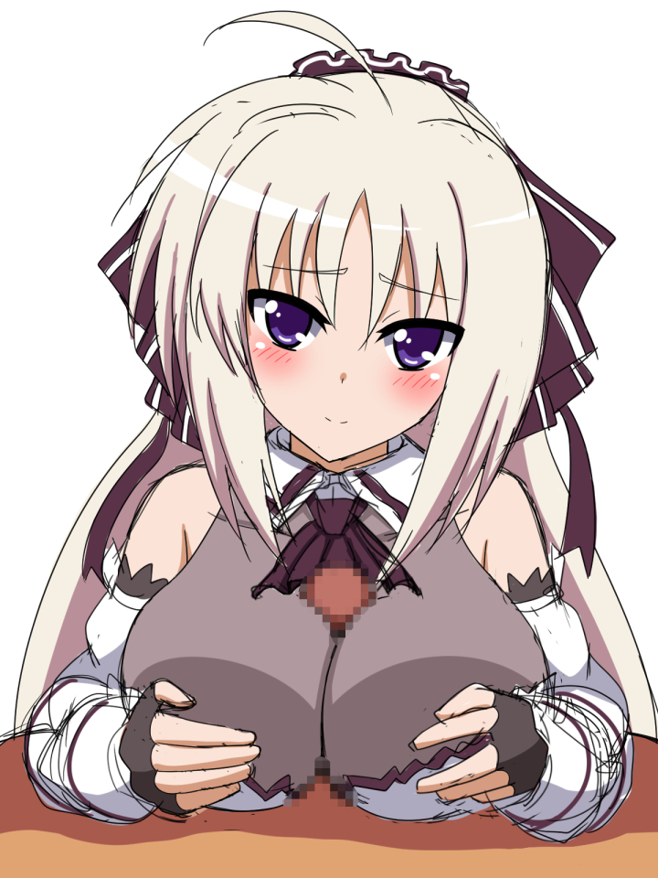 1boy blush breasts female large_breasts lyrical_nanoha marupuni paizuri penis purple_eyes rinne_berlinetta vivid_strike! white_hair