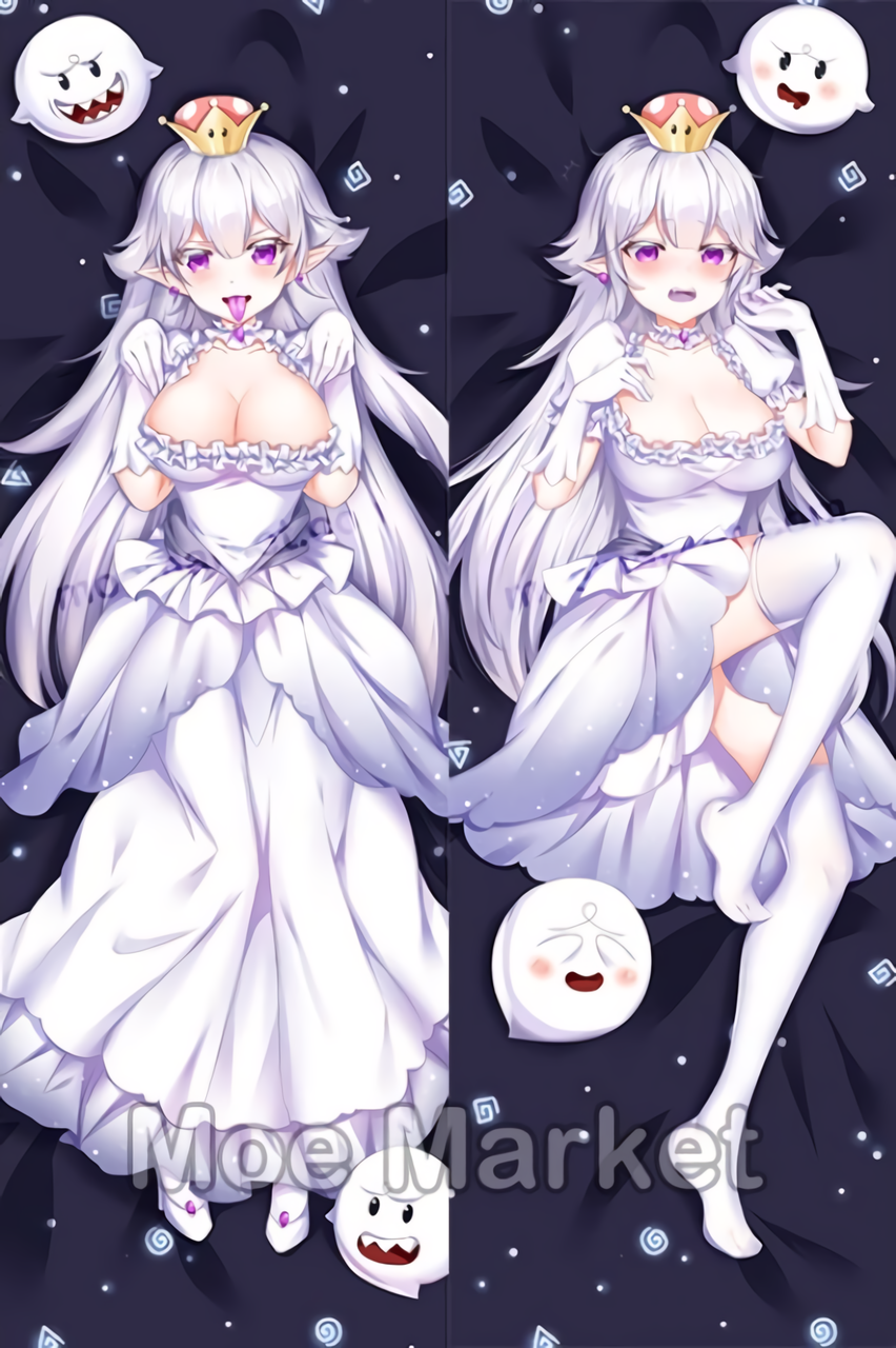 1girls bed bed_sheet blush boo_(mario) boosette breasts cleavage covering_face crown daki-makura dakimakura dakimakura_design dress eyebrows_visible_through_hair female gem headpiece highres jewelry large_breasts long_hair long_sleeves looking_at_viewer luigi's_mansion lying mario_(series) moe_market new_super_mario_bros._u_deluxe nintendo open_mouth purple_eyes resized shy smile solo_focus super_crown thighhighs tongue tongue_out upscaled very_long_hair watermark white_dress white_hair