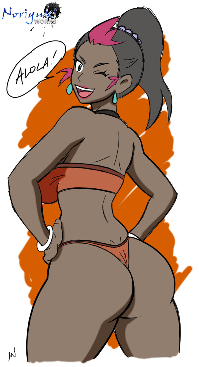 1girls alternate_version_available amara_(pokemon) ass bare_shoulders bikini bracelet breasts brown_hair dark-skinned_female dark_skin earrings female female_only hands_on_hips human large_ass large_breasts lipstick long_hair looking_at_viewer milf nintendo noriyuki83 open_mouth orange_background panties pokemon pokemon_sm ponytail pose sideboob smile solo text thick thighs tied_hair watermark white_background wide_hips wink