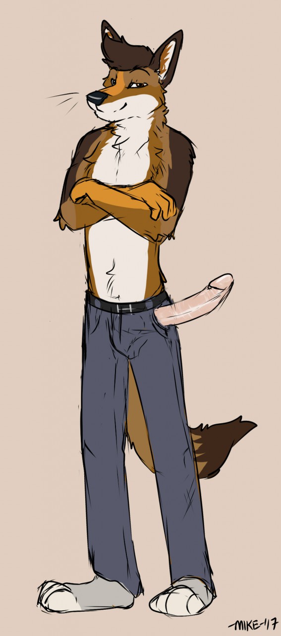 1boy anthro brown_eyes brown_fur brown_hair canine clothed clothing crossed_arms erection feet fur furry hair male male_only mammal pants paws penis penis_out simple_background slacks smile smirk solo standing text topless white_fur