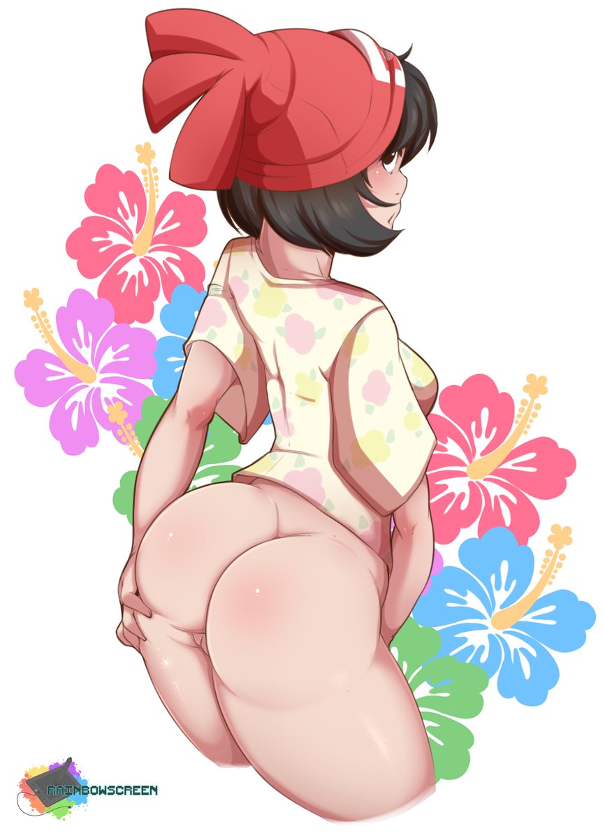 1girls, ass, back view, black eyes, black hair, female, female only, human, human only, pale skin, pokemon, pokemon sm, pussy, rainbowscreen, selene (pokemon), short hair, solo, spread pussy, tagme, text, watermark