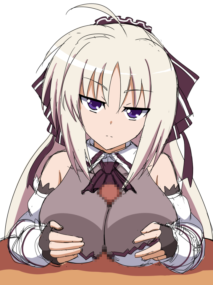 1boy blush breasts female large_breasts lyrical_nanoha marupuni paizuri penis purple_eyes rinne_berlinetta vivid_strike! white_hair