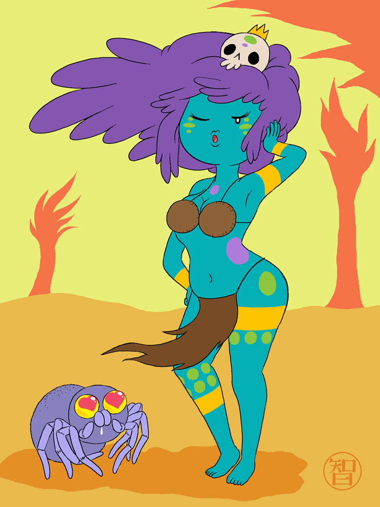 1girls adventure_time blue_skin coconut_bra coldfusion full_body hand_on_hip heart_eyes jungle_princess loincloth looking_at_viewer outdoors painted_body princess purple_hair skull skull_on_head spider tattoos thighs voluptuous voluptuous_female