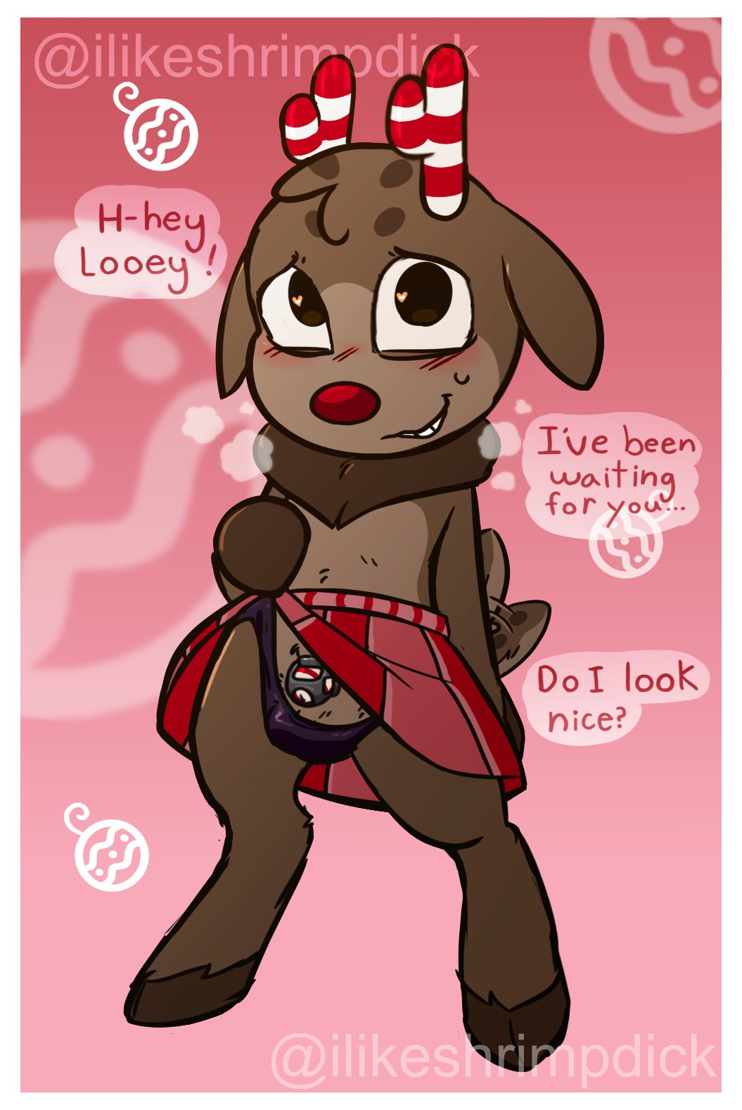 anthro, antlers, artist request, balls, blush, blushcrunch studio, blushing, brown body, brown fur, chastity cage, chastity device, clothed, clothing, dandy's world, dandys world, deer, dialogue, femboy, furry, genitals, heart-shaped pupils, hooves, looking at viewer, mammal, new world deer, red background, red nose, red skirt, reindeer, roblox, rudie (dandy's world), simple background, skirt, skirt lift, solo, solo male, tagme, tail, tailwag, text, thong, thong aside, toon (dandy's world), video games, wagging tail, watermark
