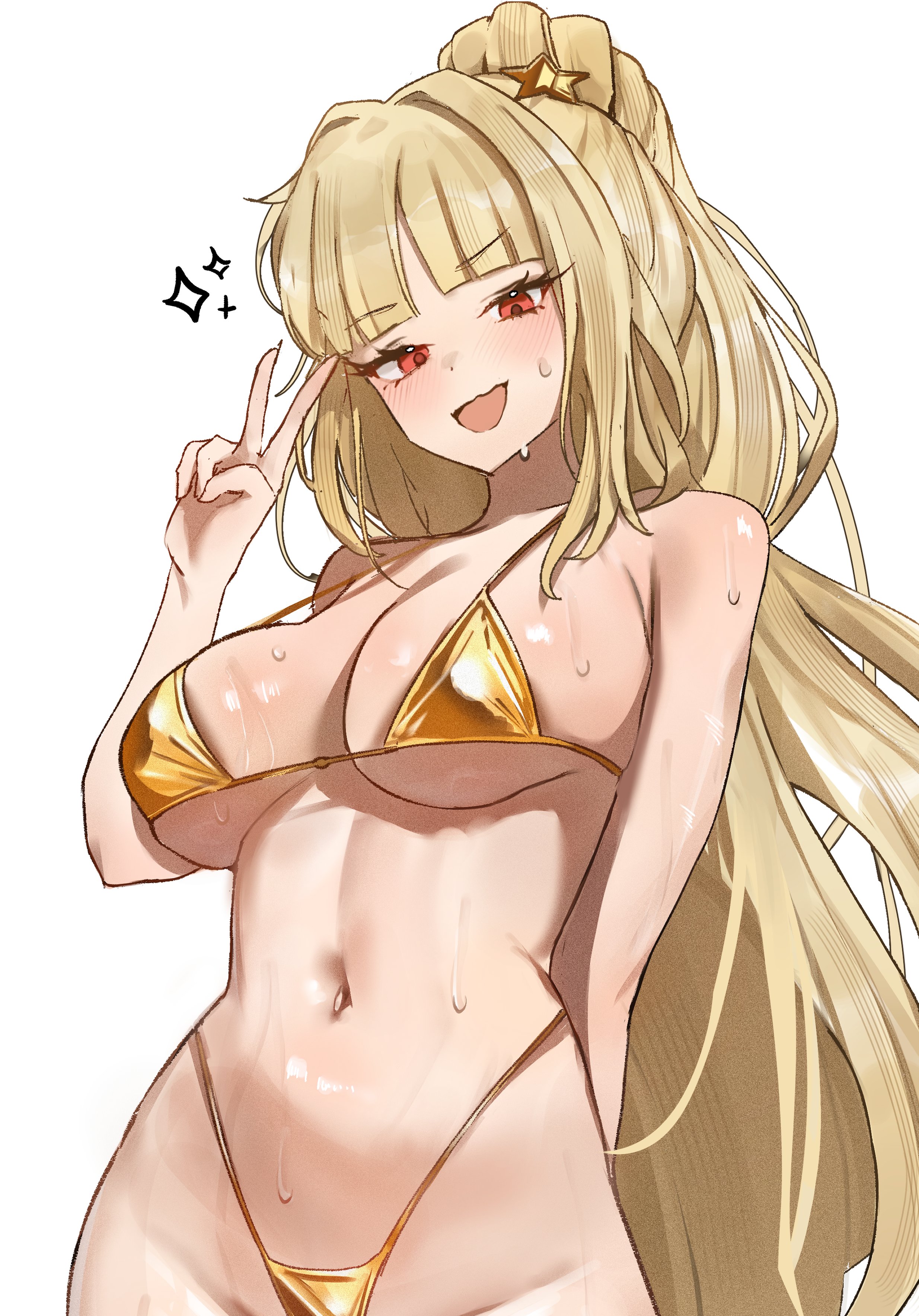 belly, bikini, blushing, distortion detective, ezra (distortion detective), golden bikini, limbus company, looking at viewer, peace sign, project moon, sweat, tummy