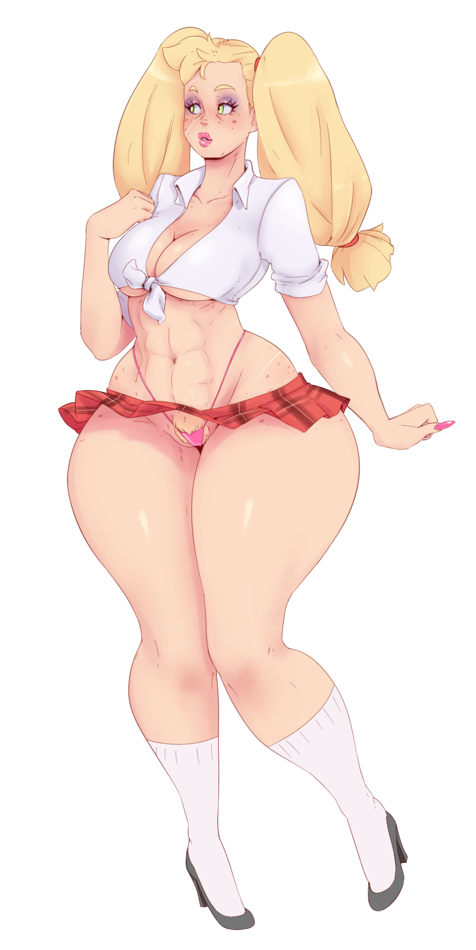 1girls, abs, alternate hairstyle, applejack (mlp), bimbo, blonde hair, blush, breasts, busty, cleavage, eyeshadow, female, freckles, friendship is magic, front-tie top, green eyes, high heels, highleg, highleg panties, hourglass figure, human, humanized, lipstick, makeup, microskirt, my little pony, nail polish, no bra, personification, pink nails, plaid, plaid skirt, pubic hair, scar, school uniform, schoolgirl, simple background, skirt, socks, solo, sunnysundown, thick thighs, tied hair, tied shirt, twintails, underboob, voluptuous, whale tail, white background, wide hips