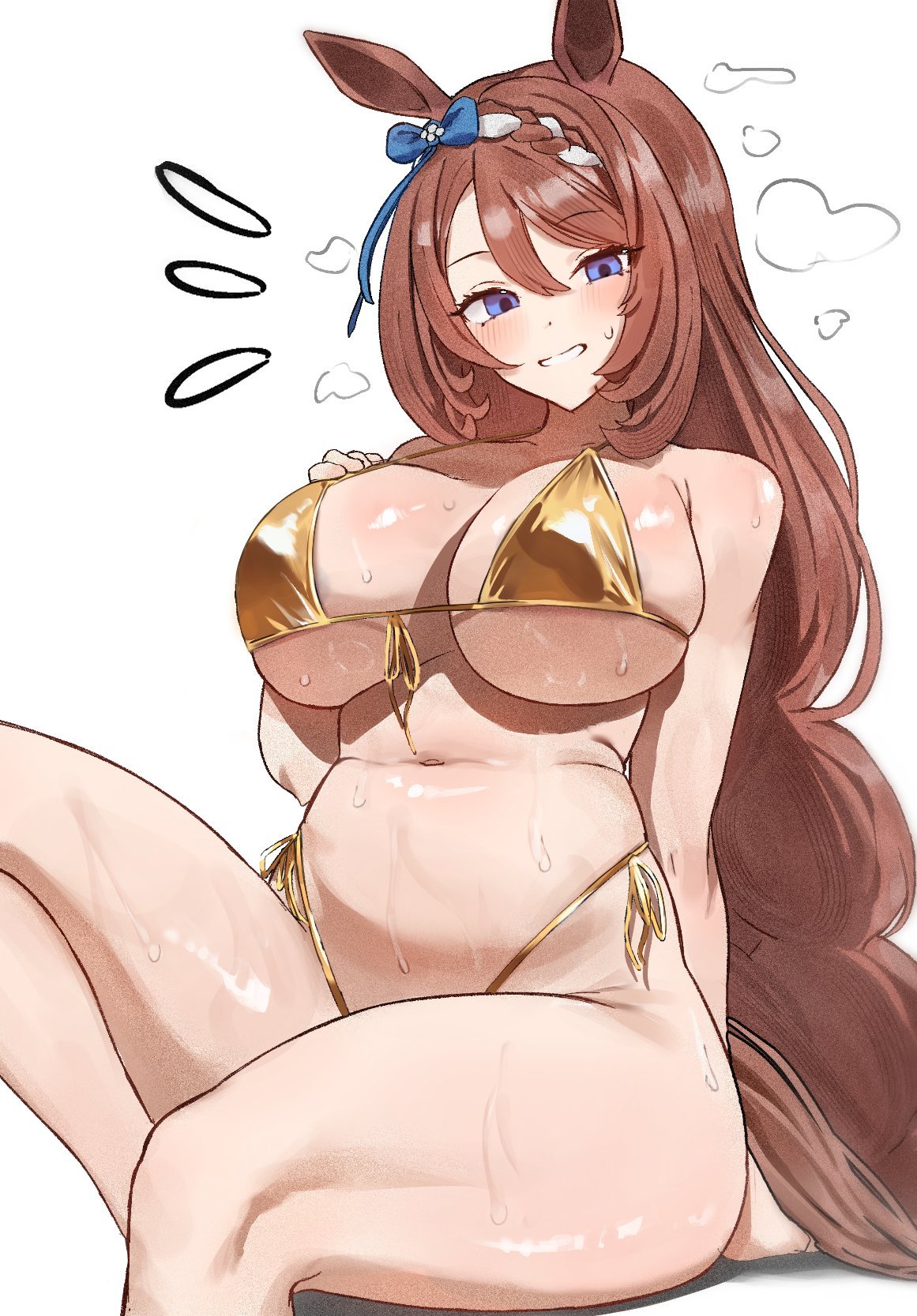 belly, bikini, blushing, golden bikini, looking at viewer, shiny skin, steam, super creek (umamusume), sweat, sweaty, tomosaka, tummy, umamusume, umamusume pretty derby