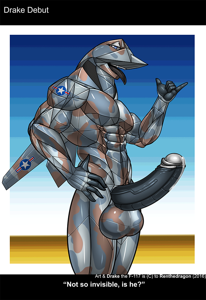 1boy 2017 abs aeromorph aircraft airplane anthro balls big_balls big_penis blue_eyes bulge camo drake_(renthedragon) english_text erection f-117 half-closed_eyes hand_on_hip humanoid_penis jet living_aircraft living_machine looking_at_viewer machine male male_only muscular muscular_male original partially_retracted_foreskin pecs penis precum renthedragon shaka_sign solo text tongue tongue_out uncut