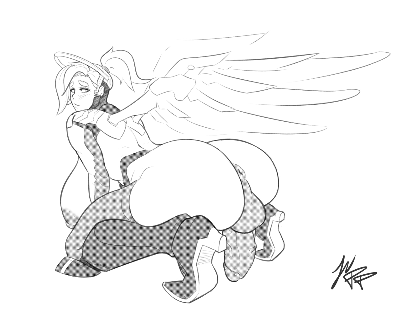 1futa, anus, areola, areolae, ass, balls, bimbo, blizzard entertainment, blush, breasts, busty, cleavage, cock-tail, dickgirl, erection, futa only, futanari, huge breasts, intersex, mercy, monochrome, nipples, overwatch, penis, solo, testicles, voluptuous, waterproof-pigeon