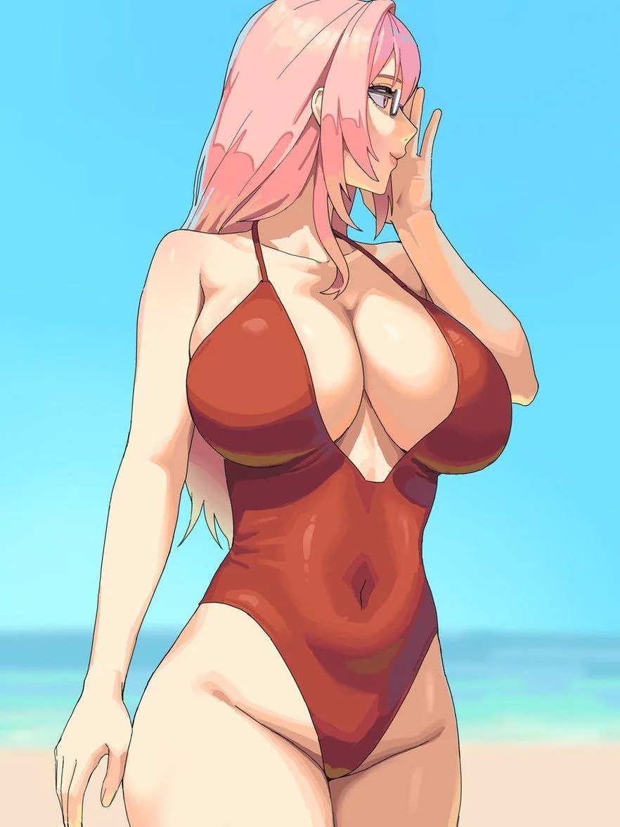 1girl, big breasts, glasses, long hair, one-piece swimsuit, solo, solo female, solo focus, tsukishiro yanagi, zenless zone zero