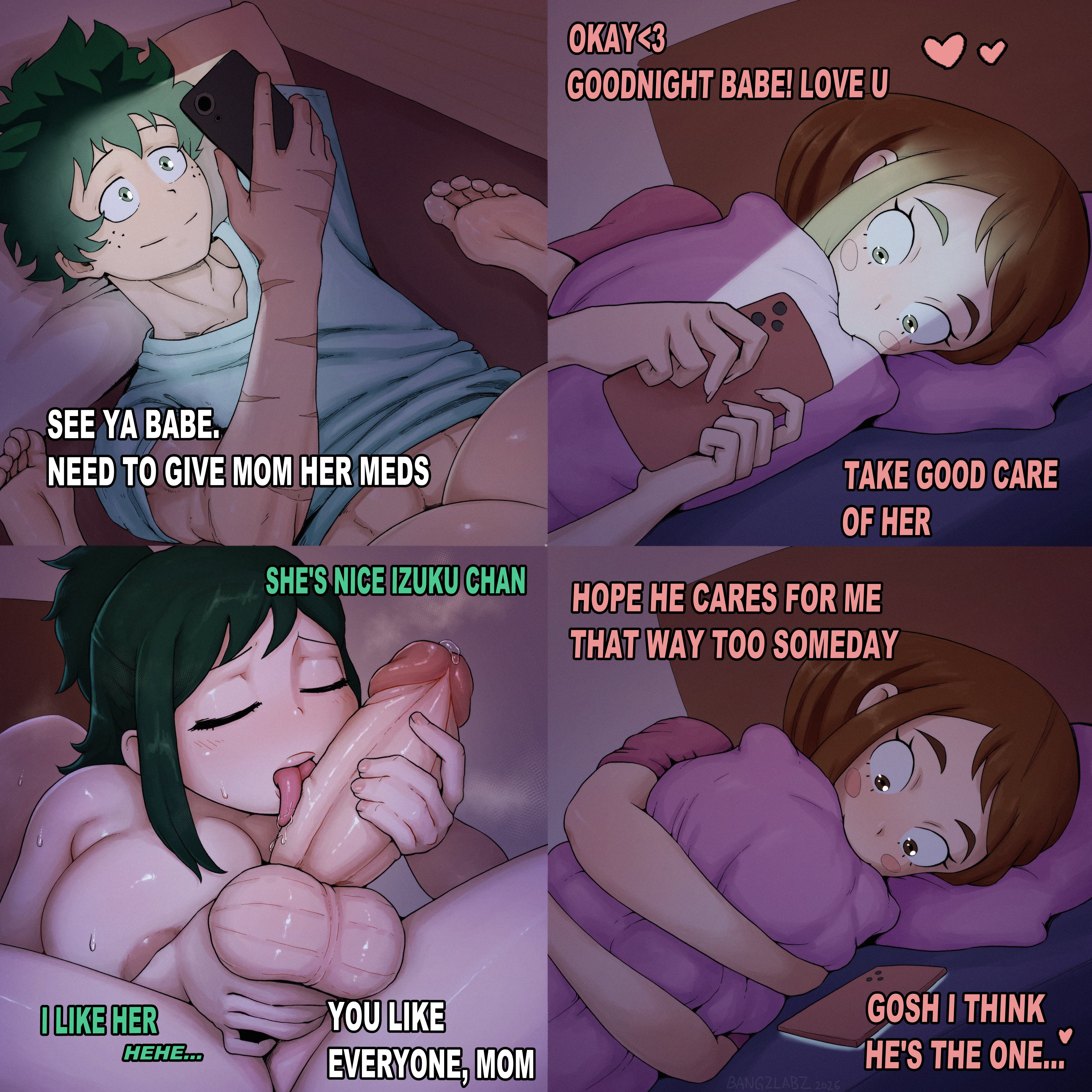 1boy, 2d, 2d (artwork), 2girls, ass, bangzlabz, bed, bedroom, big breasts, biting pillow, boku no hero academia, breasts, brown hair, cheating, cheating boyfriend, closed eyes, cuckquean, dialogue, english dialogue, english text, eyes closed, feet, glistening eyes, green hair, holding object, holding phone, huge breasts, hugging pillow, incest, inko midoriya, izuku midoriya, licking, licking penis, looking at phone, lying, lying on bed, meme reference, milf, mother, mother and son, my hero academia, ochako uraraka, older female, phone, smile, son, text, younger male