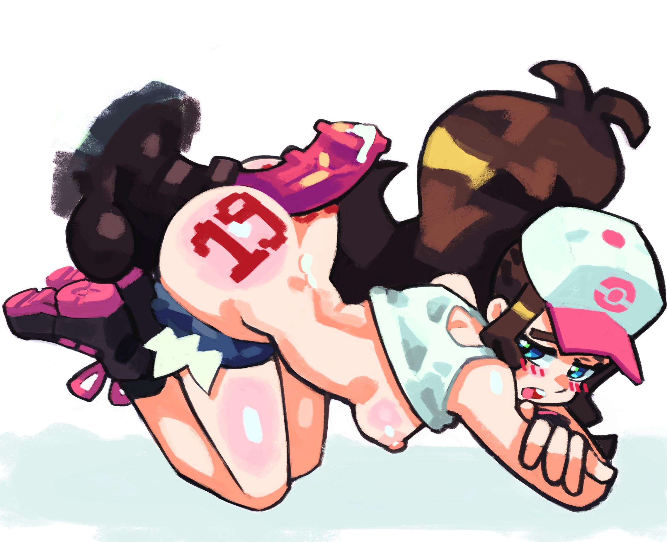 2d, all fours, animal genitalia, animal penis, arched back, balls, bent over, bestiality, big butt, blue eyes, blush, blush lines, bodily fluids, body writing, boots, bottomwear, bra, breasts, brown hair, butt, clothing, disembodied penis, duo, equid, equine, female, female on feral, femsub, feral, feral dominating human, feral on female, feral on human, footwear, generation 5 pokemon, genital fluids, genitals, glistening, glistening body, hair, hanging breasts, hat, headgear, headwear, hi res, hilda (pokemon), horsecock, hot dogging, human, human female, human focus, human on feral, imminent bestiality, imminent sex, interspecies, leaking precum, looking back, lu blu, male, male/female, mammal, medium breasts, narrow waist, nintendo, nipples, not furry focus, pale skin, pale-skinned female, penis, pokemon, pokemon (species), pokephilia, precum, sex, shoes, shorts, simple background, skinny, slender waist, slim waist, small waist, socks, solo focus, sports bra, submissive human, text, underwear, white background, zebstrika, zoophilia