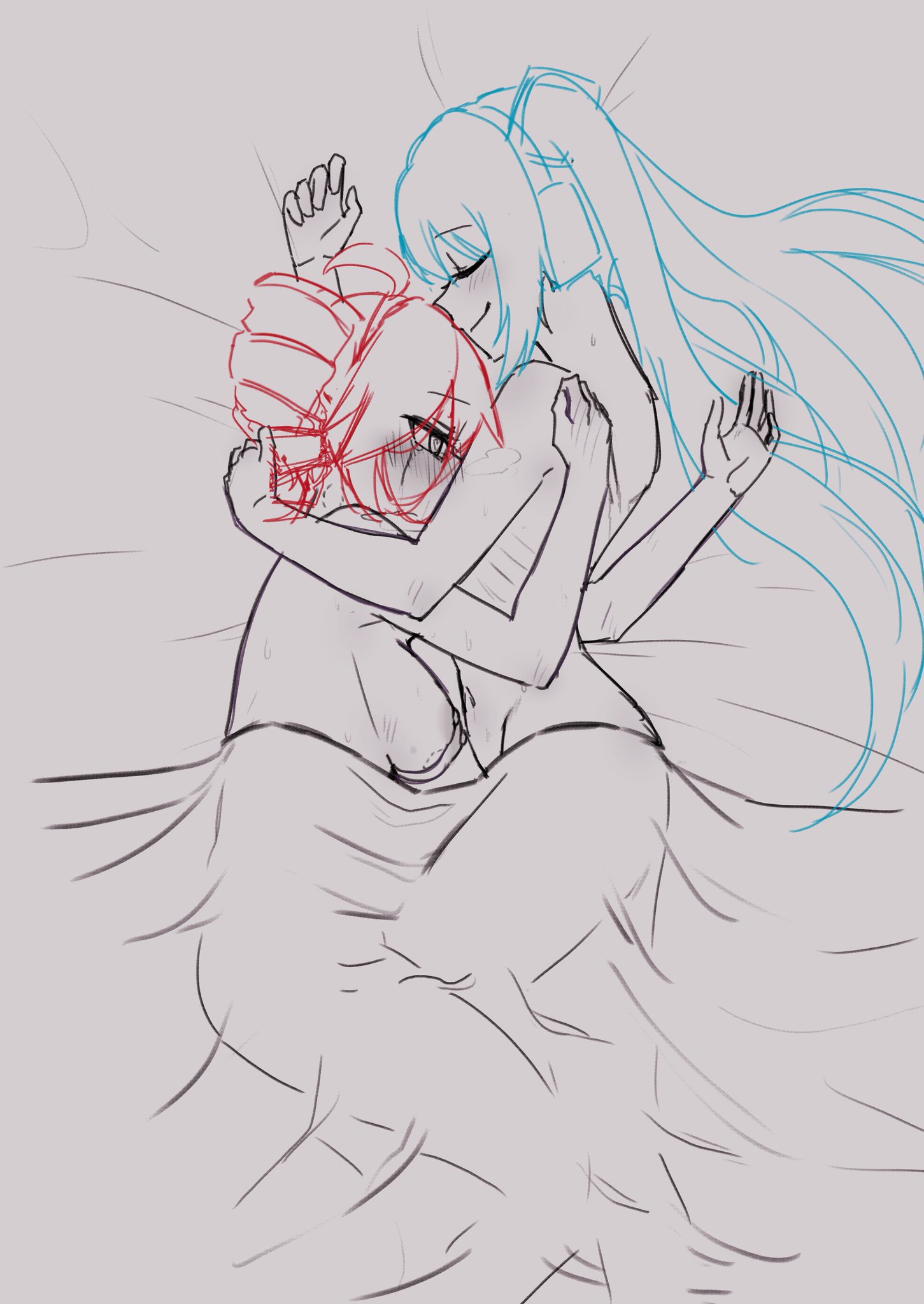 2girls, breasts, dochi pi, female, hatsune miku, kasane teto, nude, synthesizer v, tagme, utau, vocaloid