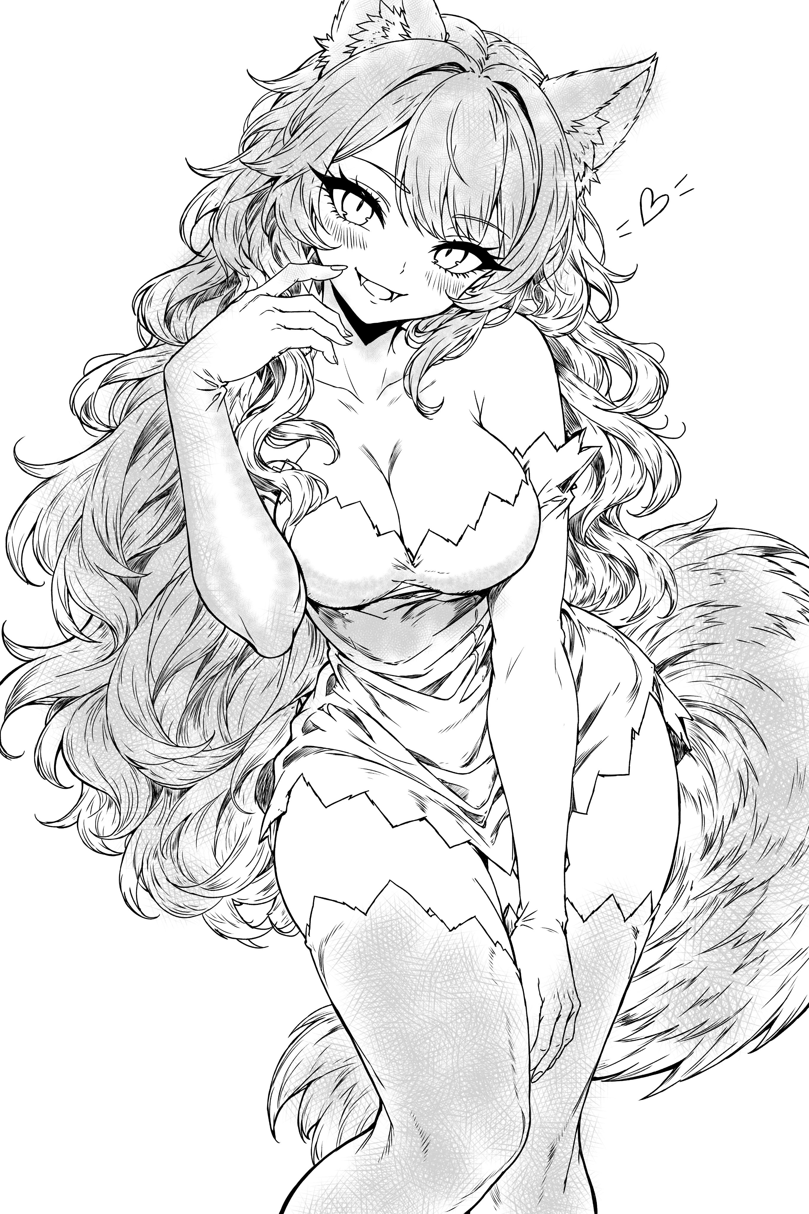 1girls, adult, adult female, anthro, ass, beautiful, big ass, big breasts, black and white, blush, blush lines, breasts, canid, canine, canis, clothed, clothing, curvy, ears, family time, female, furry, human, long hair, looking at viewer, mama wolf, milf, mother, pencil (artwork), smile, smiling, smiling at viewer, solo, tail, very long hair, wide hips, wolf, wolf ears, wolf girl, wolf humanoid, wolf tail