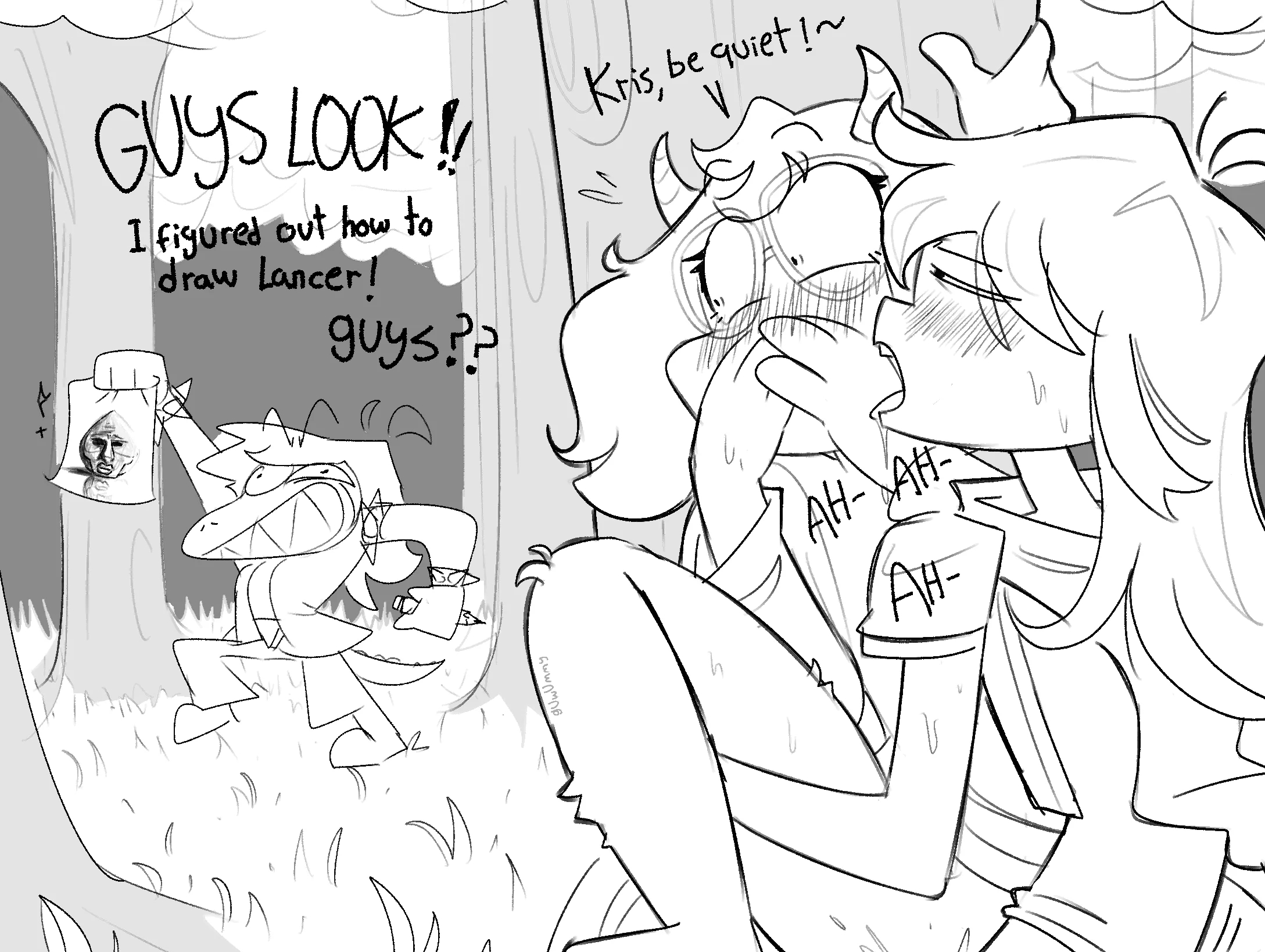 anal penetration, deltarune, femboy, gay sex, hidden sex, kris (deltarune), moaning, public sex, ralsei, semi-public, susie (deltarune), trying to be quiet, yaoi