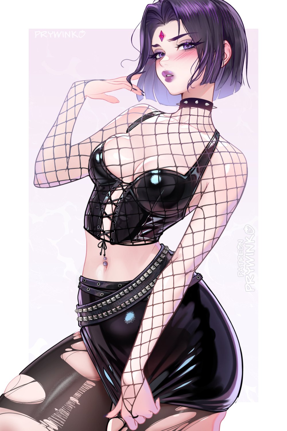 1girl, alternate costume, artist name, blush, dc, dc comics, eyelashes, female, female only, fishnet topwear, fishnets, forehead jewel, goth, highres, looking at viewer, nail polish, navel, navel piercing, pantyhose, prywinko, purple eyes, purple hair, purple lipstick, rachel roth, raven (dc), short hair, simple background, solo, spiked collar, standing, teen titans, teeth, thick thighs, torn pantyhose, white background