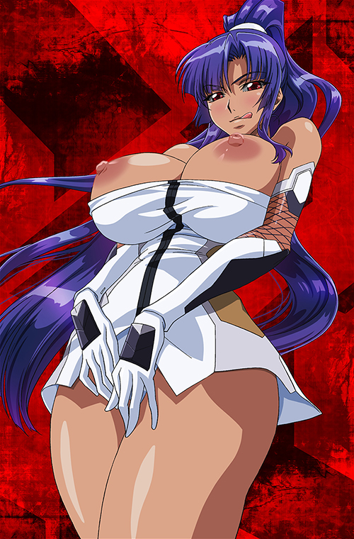 areolae bare_legs bare_shoulders blush bodysuit breasts breasts_out curvy dark-skinned_female dark_skin exposed_breasts female fingering huge_breasts lilith-soft long_hair looking_at_viewer naughty_face nipples no_bra ponytail purple_hair red_eyes shiny_skin smile solo taimanin_(series) taimanin_asagi taimanin_asagi_3 thick_thighs tied_hair tongue tongue_out very_long_hair wide_hips yatsu_murasaki