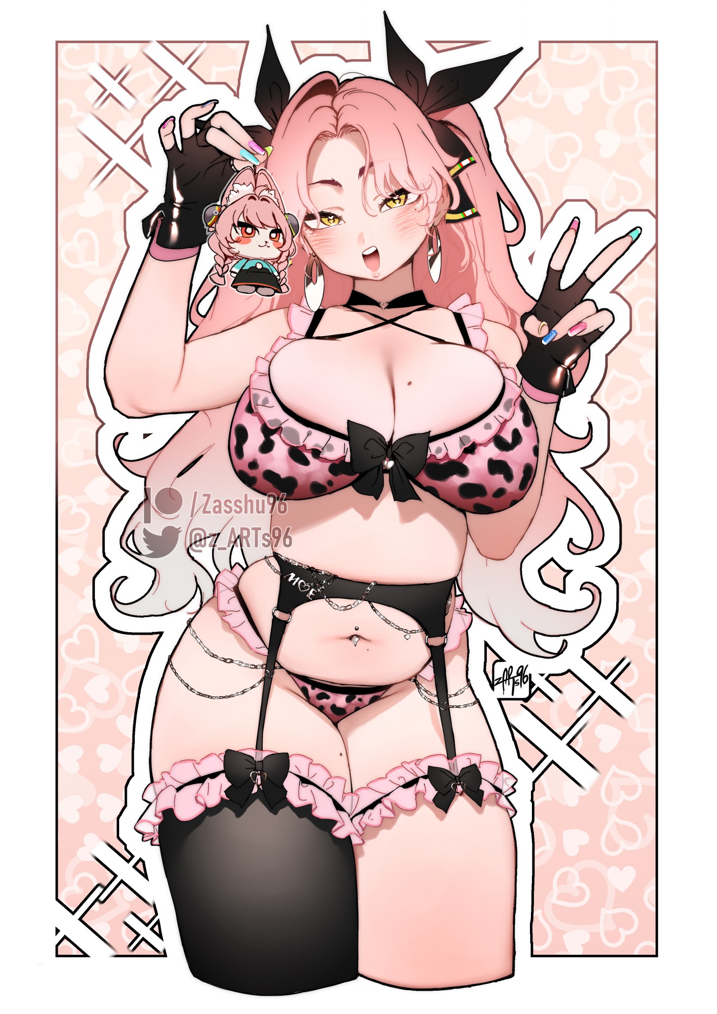 1girls, artist name, belly piercing, big breasts, black garter belt, black garter straps, black thighhighs, bottomwear, bra, breasts, cleavage, colored nails, female, female only, fingerless gloves, garter belt, garter straps, green eyes, hair, hair ornament, hair ribbon, handwear, hips, holding object, huge breasts, labubu (toy), legwear, leopard print, long hair, long nails, mole, mole on breast, mole on thigh, multicolored nail polish, multicolored nails, nail polish, nails, nicole demara, painted nails, panties, peace sign, pierced belly button, piercing, pink bra, pink hair, pink panties, ribbon, selfie, solo, solo female, thick thighs, thighhighs, thighs, topwear, twintails, zasshu96, zenless zone zero