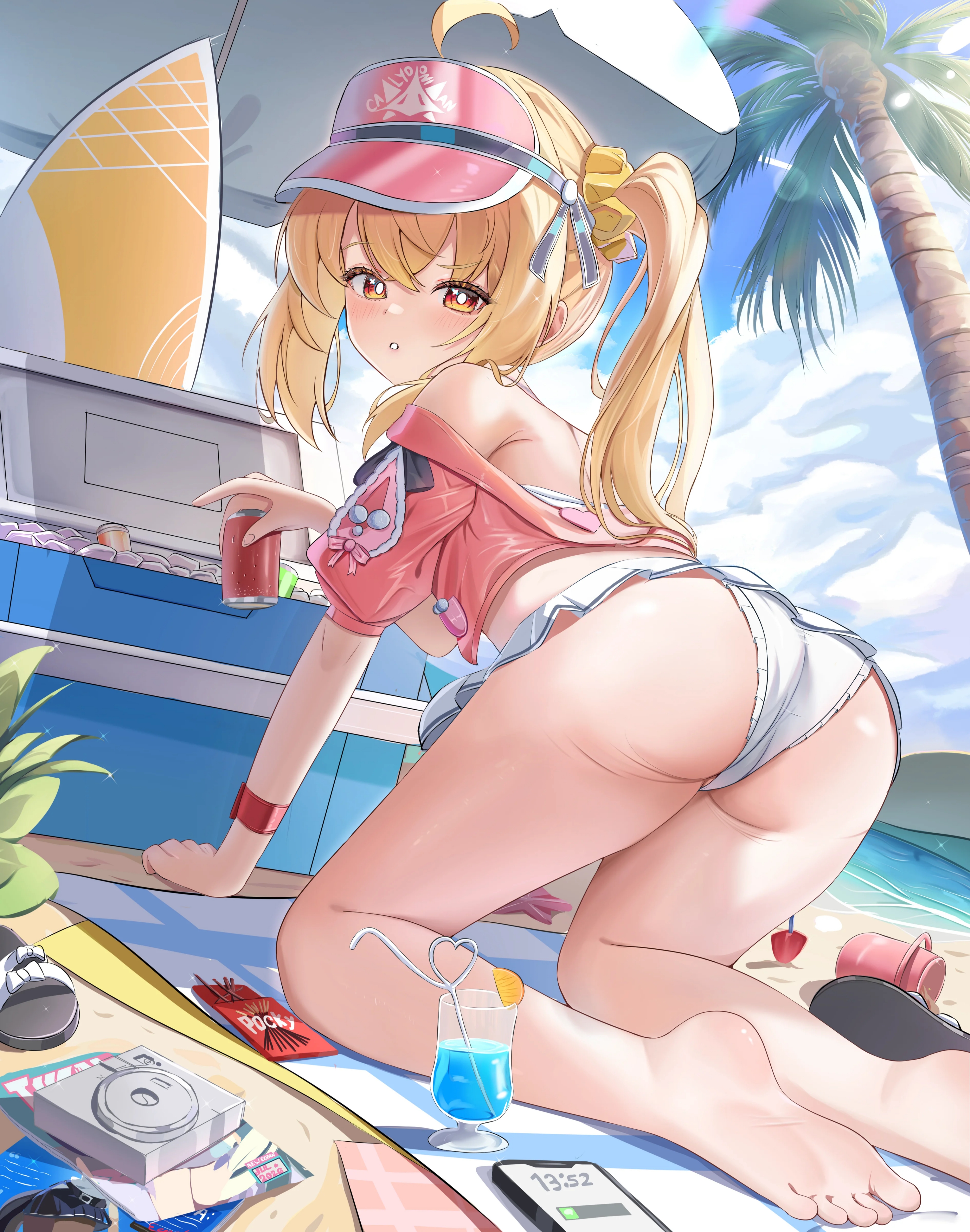 1girl, all fours, artist request, ass, ass focus, barefoot, beach, bikini, cellphone, light skin, light-skinned female, long hair, luciana de montefio, luciana de montefio (princess on holiday), official alternate costume, parted lips, phone, smartphone, solo, solo female, solo focus, zenless zone zero