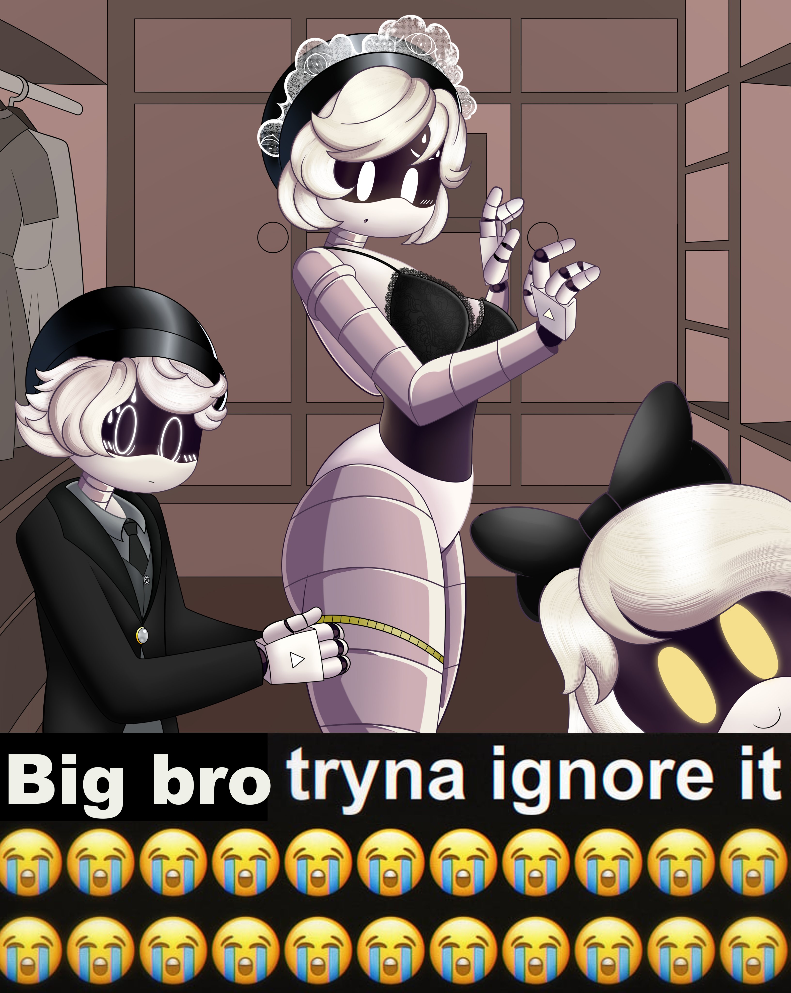 1boy2girls, big breasts, butler, cyn (murder drones), female, he tryna ignore it (meme), maid, male, male/female, measuring, meme reference, murder drones, n (murder drones), nervous, reypan, sweating, thick thighs, v (murder drones), wholesome