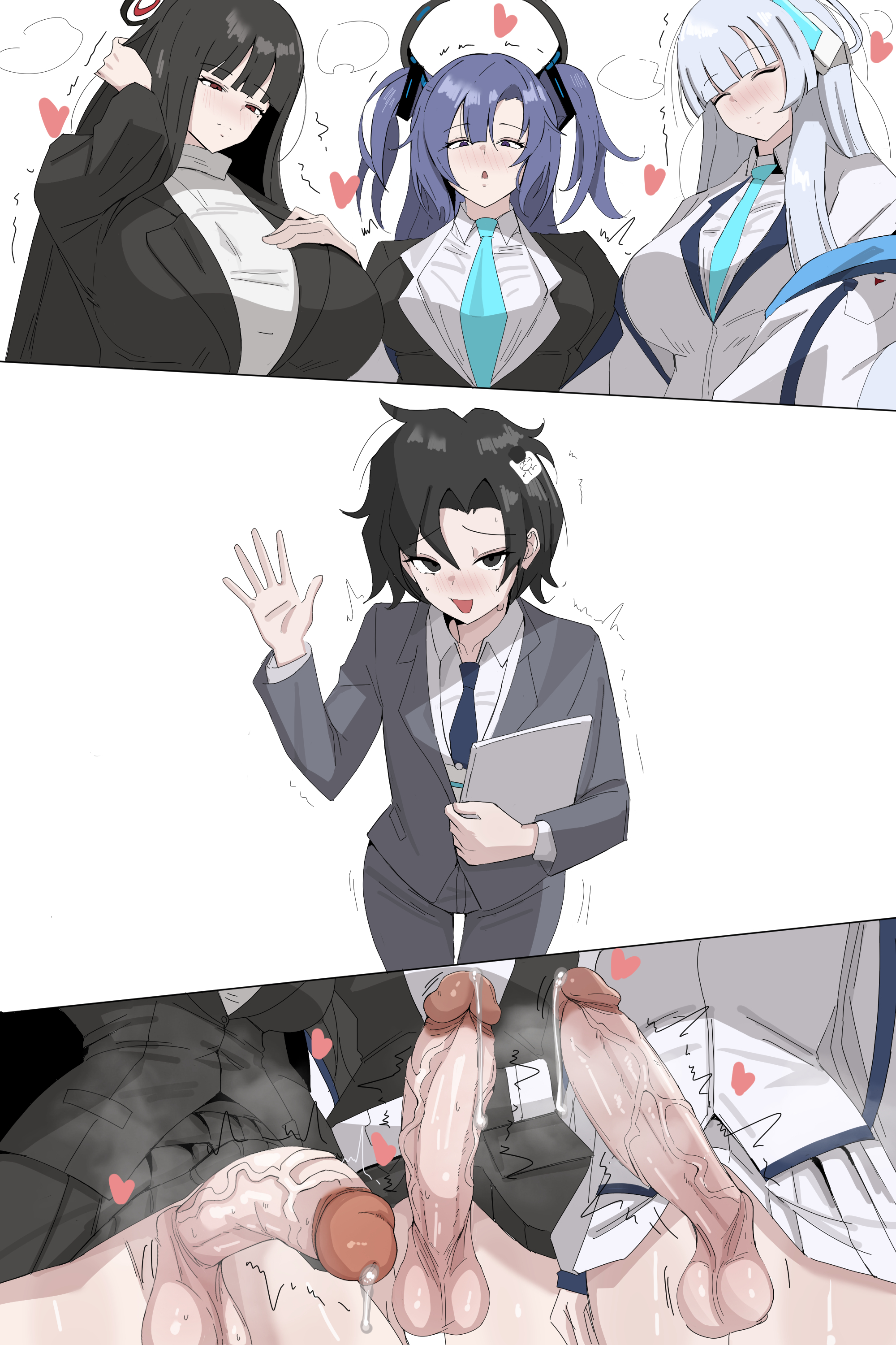 1boy, 3futas, blue archive, fidget4827, futanari, height difference, imminent rape, no panties, noa (blue archive), rio (blue archive), sensei (blue archive), shaking, skirt lift, waving hand, yuuka (blue archive)