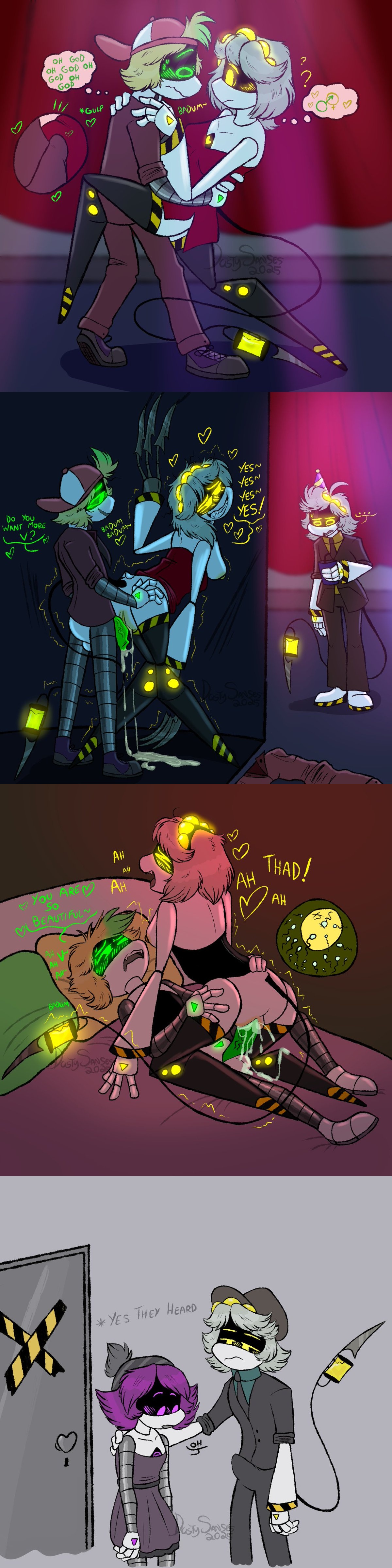 1girls, 2boys, blonde hair, boobs, breasts, claws, cuck, cuckold, cuckolding, cum, cum in pussy, dress, from behind, green eyes, green penis, grey hair, hat, intercourse, male/female, murder drones, n (murder drones), oc, penetration, penis, prom dress, red dress, sansesdusty, sex, sex in public, straight, straight sex, tail, thad (murder drones), uzi (murder drones), v (murder drones), yellow eyes