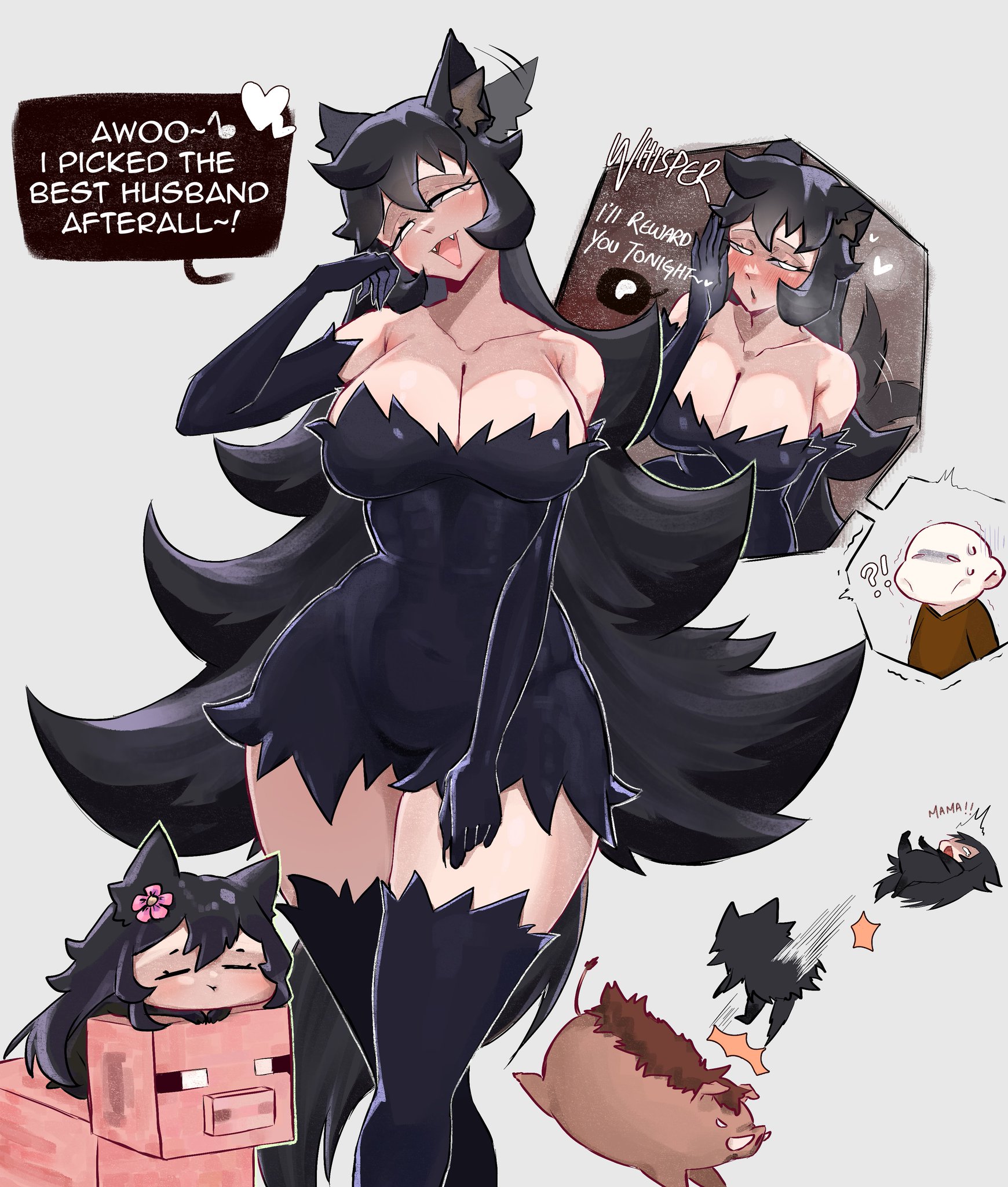 1girls, background characters, big ass, big breasts, character request, child bearing hips, curvy, family time, huge breasts, kizessuu, long hair, mama wolf, minecraft background, mother, pig (minecraft), solo focus, wide hips, wolf ears, wolf girl, wolf tail