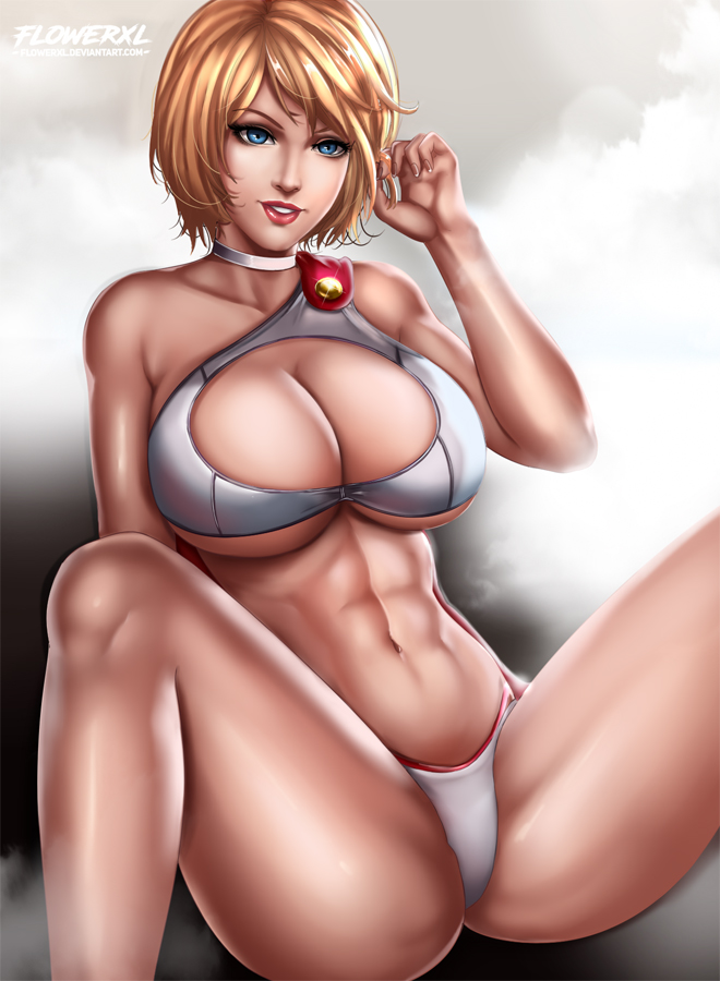 1girls, abs, artist logo, athletic, athletic female, big boobs, big breasts, blonde hair, blue eyes, breasts, cleavage, dc, dc comics, female, female only, flowerxl, large breasts, light skin, light-skinned female, looking at viewer, muscles, muscular, muscular female, panties, pinup, power girl, red lipstick, short hair, sitting, solo, spread legs, superman (series), thick thighs, toned, toned female, white bikini