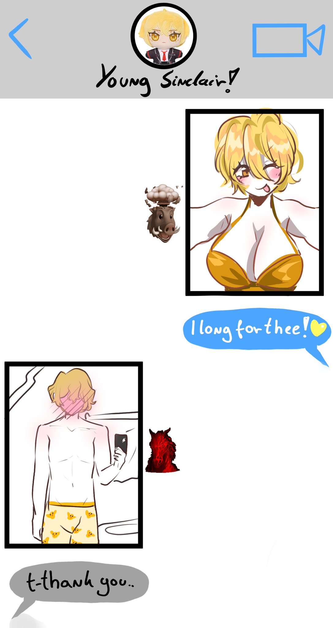 1boy, 1girl, bikini, blonde hair, breasts, cellphone, chat log, don quixote (limbus company), emoji, highres, iphone, jukimeowymeow, large breasts, limbus company, one eye closed, phone, plushie, project moon, rocinante (limbus company), shorts, sinclair (limbus company), smartphone, swimsuit, tongue, tongue out, underwear