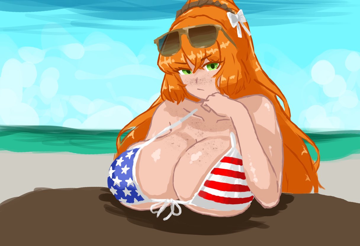 american flag bikini, bikini, freckles, huge breasts, ishmael (limbus company), limbus company, project moon, sunglasses, trekapper