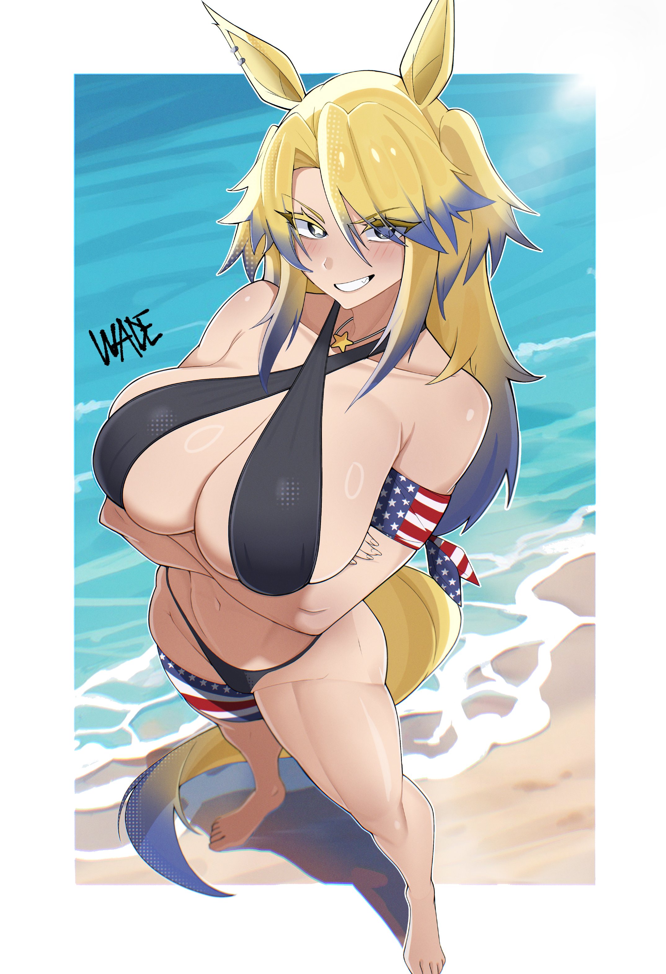american flag legwear, large breasts, long hair, obey your master (umamusume), solo, swimsuit, umamusume, umamusume pretty derby, wade 0w0