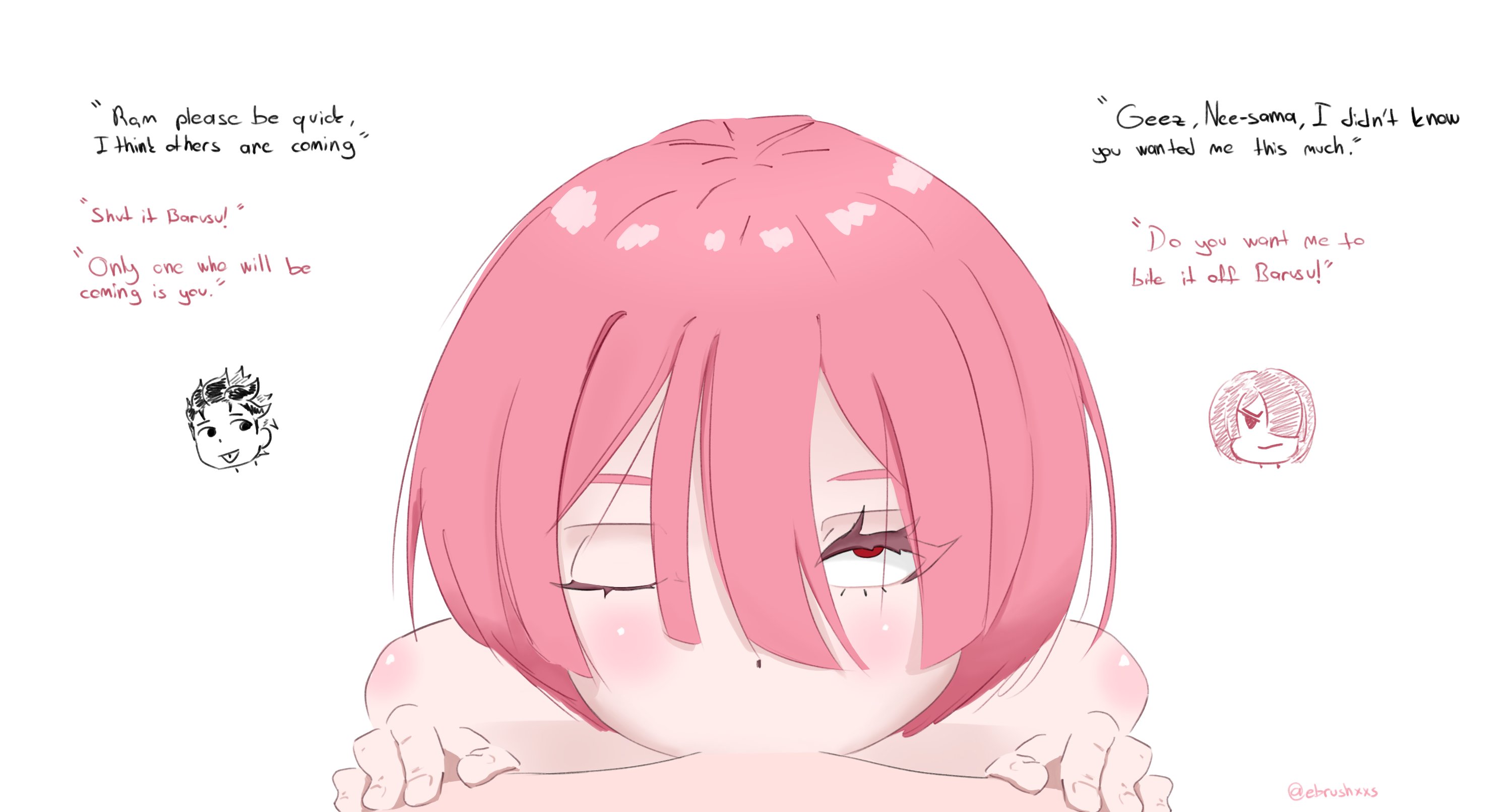 1boy, 1girls, fellatio, female, natsuki subaru, pink hair, ram (re:zero), re:zero kara hajimeru isekai seikatsu, tagme