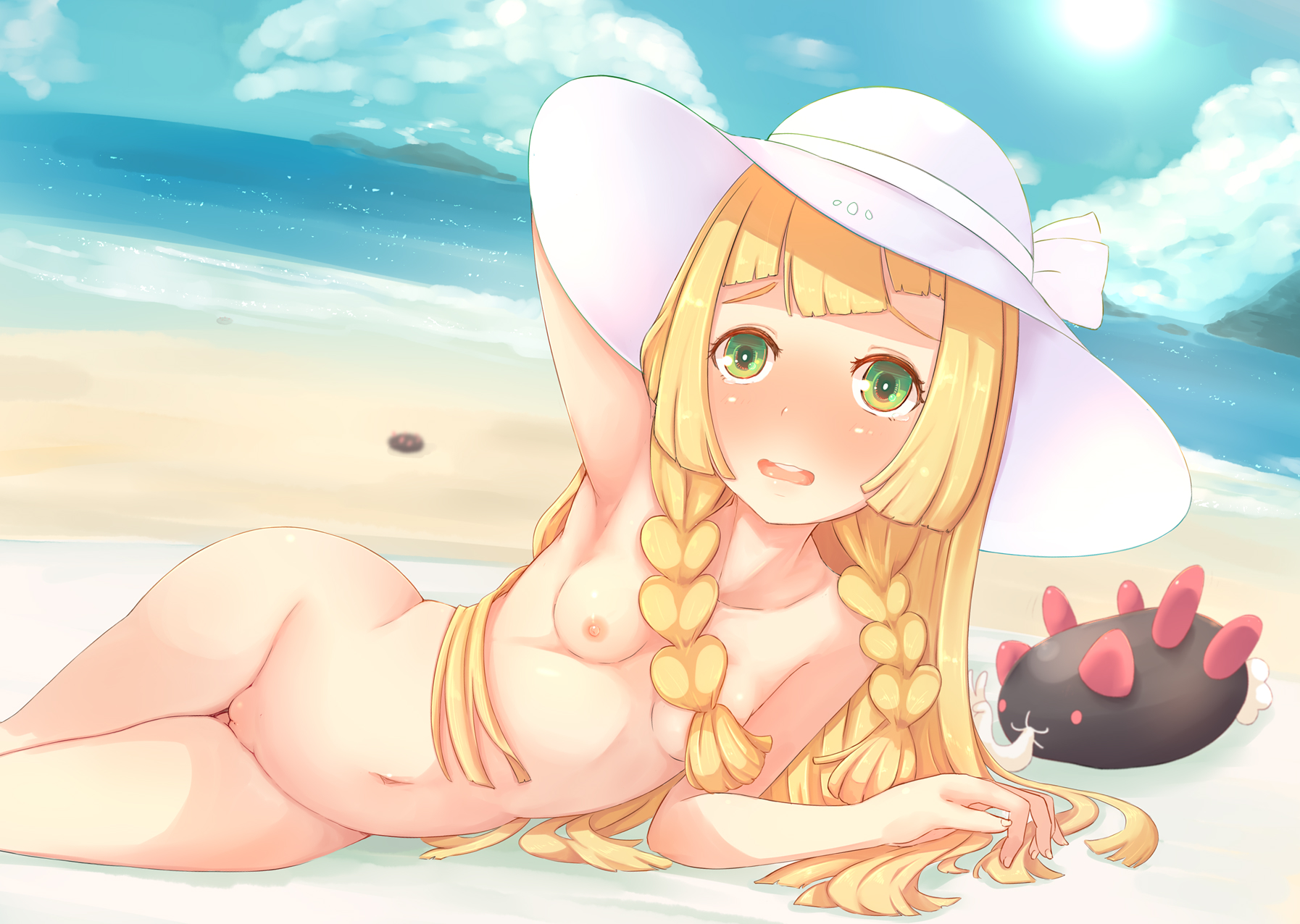 bangs, beach, blonde hair, blue sky, blunt bangs, blush, braid, breasts, day, female, green eyes, hat, hat ribbon, highres, lillie (pokemon), long hair, looking at viewer, lying, nintendo, nipples, nude, ocean, on side, pokemon, pokemon sm, pussy, pyukumuku, ribbon, sand, sky, small breasts, sun, sun hat, tied hair, twin braids, water, white hat, white ribbon, yuno (mioalice)