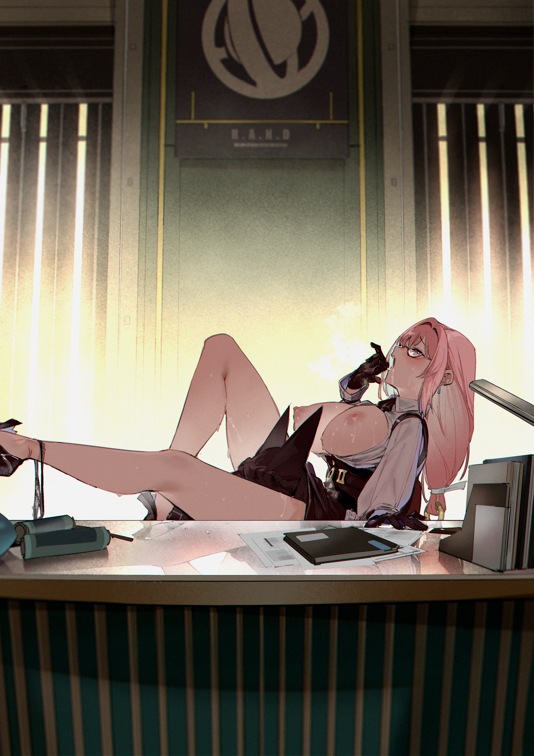 2girls, areolae, belt, big breasts, black gloves, blinds closed, blouse, blush, breasts, breasts out, collar, cunnilingus, desk, earrings, exposed breasts, female, female only, full body, glasses, gloves, highres, hoshimi miyabi, implied oral, indoors, kurotsuki machi, legs, lesbian, light skin, light-skinned female, long hair, nipples, no bra, office, office lady, one leg bent, open blouse, open clothes, open mouth, open shirt, panties around leg, panties around one leg, panties down, pink hair, pleasure face, purple eyes, ring hair ornament, sex at work, shirt, shoes, skirt lift, sweatdrop, sweating, tsukishiro yanagi, white blouse, white shirt, yuri, zenless zone zero