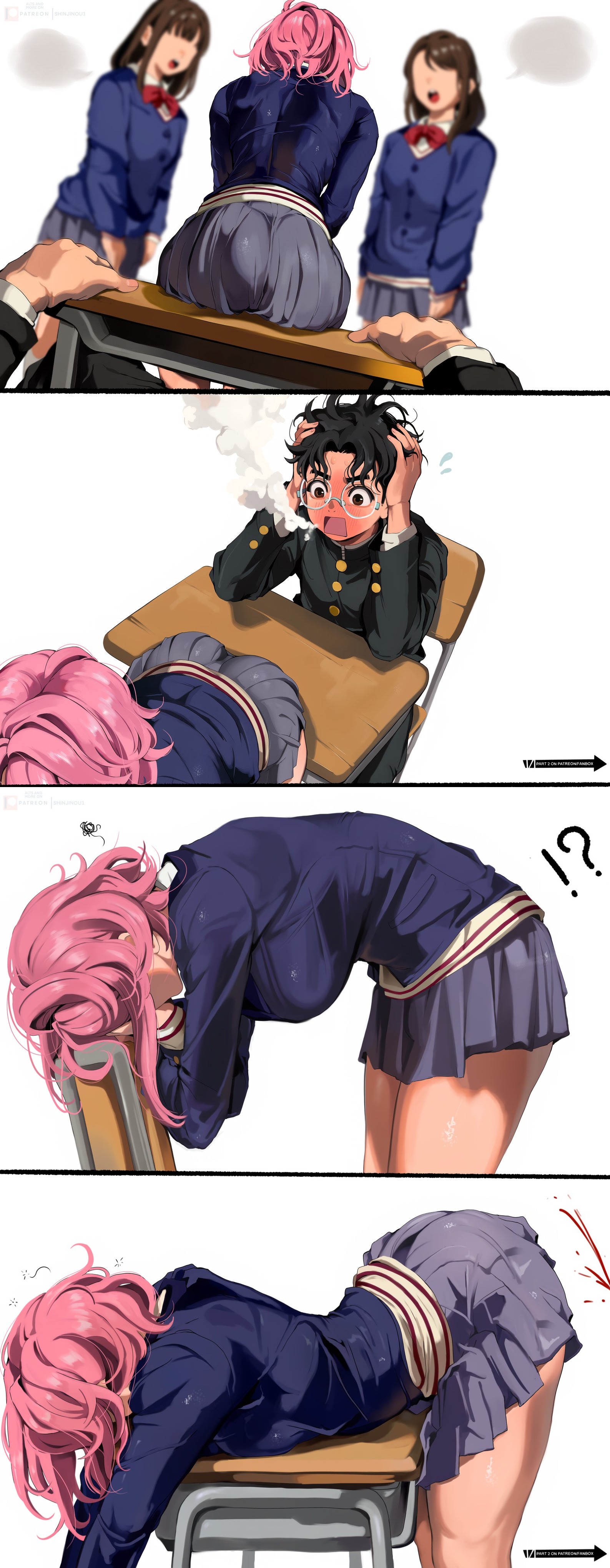 2d, 2d (artwork), arched back, bangs, bending over, bent over, big ass, dandadan, large butt, leaning forward, manga character, medium hair, pink hair, school desk, school girl, school uniform, schoolgirl, schoolgirl uniform, shinjinou, shiratori aira (dandadan), side view, skirt, skirt lift, slim waist, squeezed breasts, squeezing breast, stretching, teasing, teasing partner, teasing with butt, teenage girl, teenager, thick ass, thick thighs, white background, wide hips