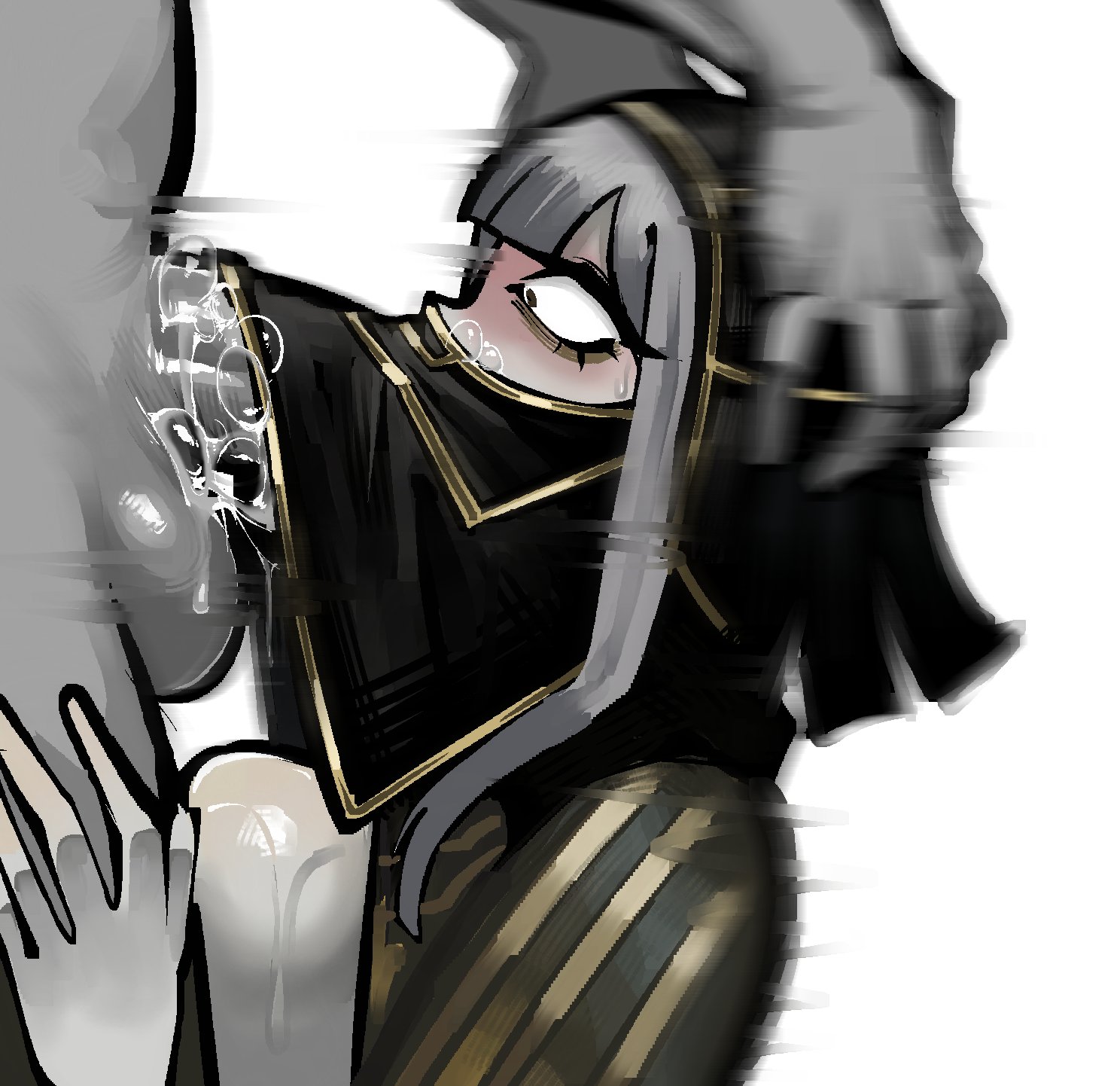 1boy, 1girls, big breasts, big penis, blowjob, blush, eclipseecliptus, exposed breasts, eye contact, eyelashes, eyeshadow, fellatio, fellatio under mask, fellatio under veil, grey body, grey hair, grey skin, hand holding, implied fellatio, implied oral, limbus company, mostly clothed, pale skin, pale-skinned female, pale-skinned male, project moon, ruina card art attack victim grey guy, saliva, saliva on penis, saliva trail, shiny skin, shocked expression, side view, sweat, sweatdrop, sweaty hands, uniform, veil