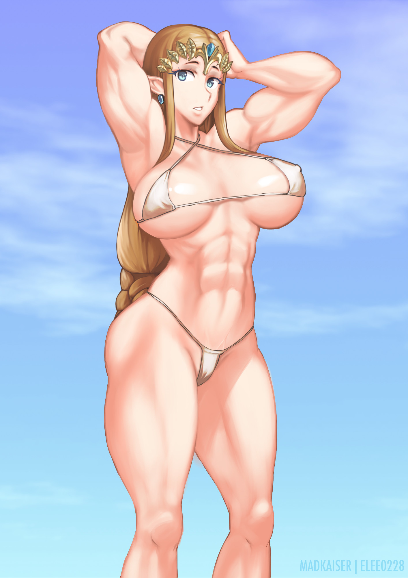 1girls, 2017, abs, armpits, arms up, biceps, big breasts, bikini, blue eyes, braid, breasts, brown hair, cleavage, earrings, elee0228, erect nipples, eyebrows, eyelashes, female, female only, highres, huge breasts, hylian, large breasts, legs, looking at viewer, madkaiser, muscles, muscular, muscular female, nintendo, nipples, pale skin, perky breasts, pointy ears, pose, princess, princess zelda, royalty, shiny, shiny skin, sideboob, solo, standing, the legend of zelda, thick thighs, tiara, tied hair, twilight princess, underboob, very long hair, zelda (twilight princess)