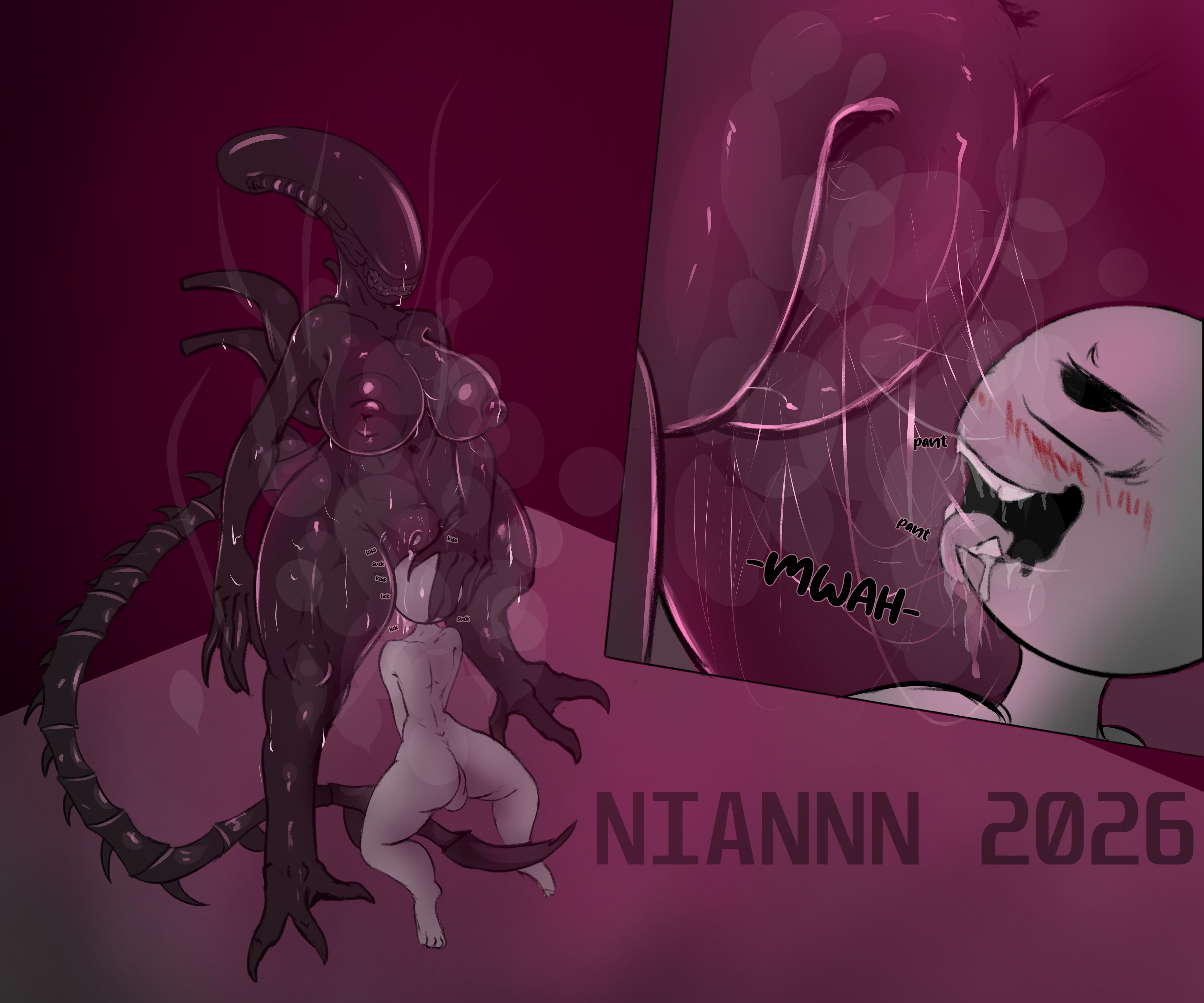 absurd res, alien, alien (franchise), anthro, areola, backsack, balls, big areola, big breasts, blush, bodily fluids, body worship, breasts, corruption, cunnilingus, dominant, dominant female, duo, female, female xenomorph, forced, genital fluids, genital worship, genitals, glistening, glistening body, hi res, human, kneeling, larger female, male, male/female, mammal, messy, niannn, nipples, onomatopoeia, oral, pheromones, plump labia, puffy nipples, saliva, sex, size difference, smaller male, sound effects, spread legs, spreading, standing, steam, steaming body, steaming pussy, story, story in description, submissive, submissive male, sweat, tail, text, tongue, vaginal, vaginal fluid string, vaginal fluids, vaginal fluids on vulva, vulva, vulva worship, watermark, xenomorph, xenomorph tail
