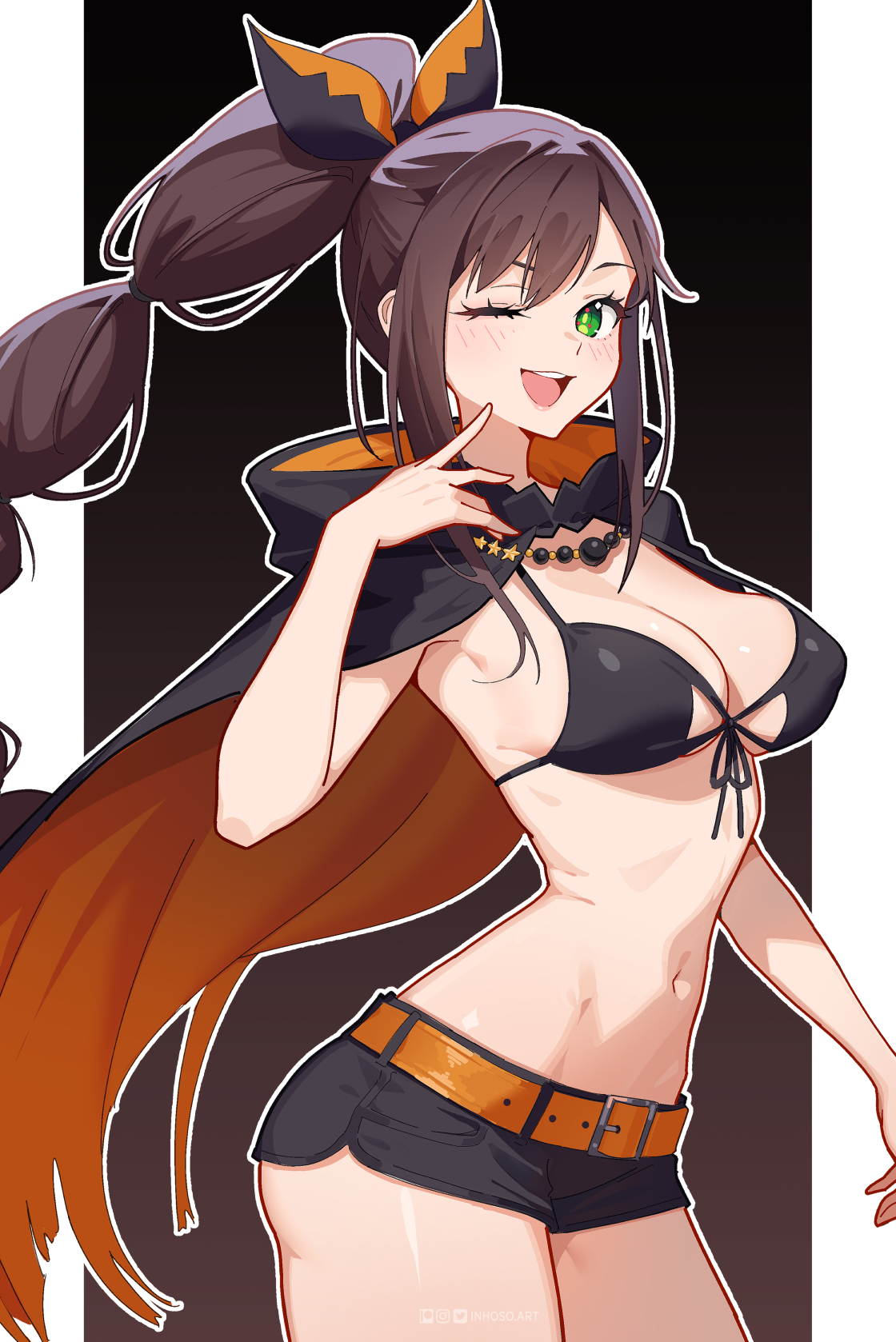 1girl, bikini top only, black bikini, black cape, black hair, black shorts, cleavage, cowboy shot, highres, inhoso, large breasts, long hair, looking at viewer, one eye closed, open mouth, orange belt, ponytail, re:zero kara hajimeru isekai seikatsu, shaula (re:zero), smile, solo