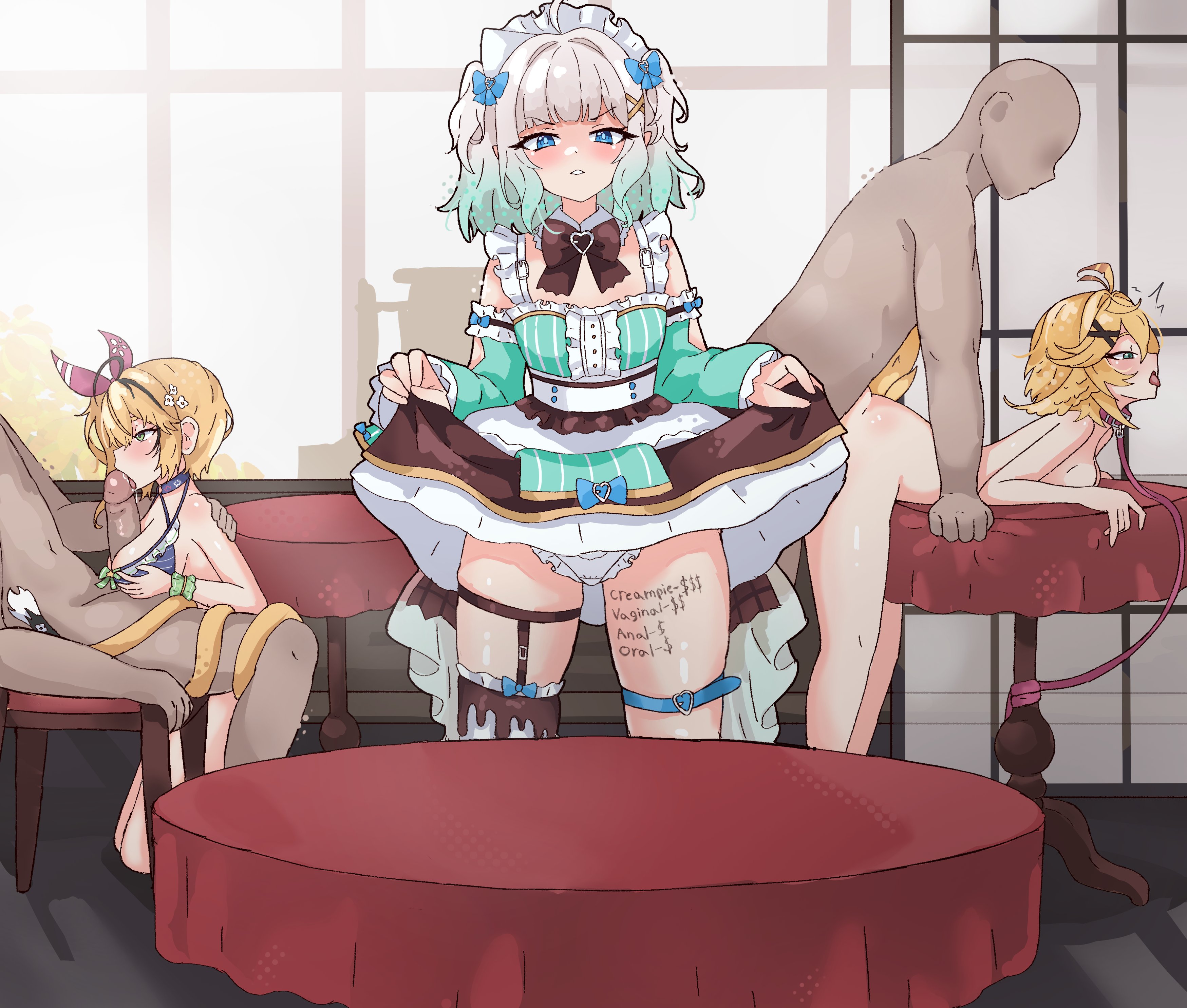 2boys, 3girls, dark-skinned male, ddrawins, densetsu.exe, dokibird, dokibird (bounty hunter), dooby3d, dooby3d (bikini), green hair, indie virtual youtuber, leash and collar, light skin, light-skinned female, mint fantome, mint fantome (minto 2.0), nude female, panties, sex from behind, skirt lift, titjob, virtual youtuber, vtuber, vtuber persona, vtuberfanart, vtubers, yellow hair