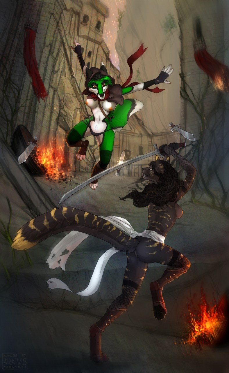 4_toes 5_fingers anthro araivis-edelveys black_hair black_nose breasts canine clothed clothing day detailed_background duo feline female fire fox fur green_fur hair holding_object holding_weapon mammal melee_weapon navel nipples outside pawpads saber-toothed_cat sword toes topless weapon white_fur wide_hips