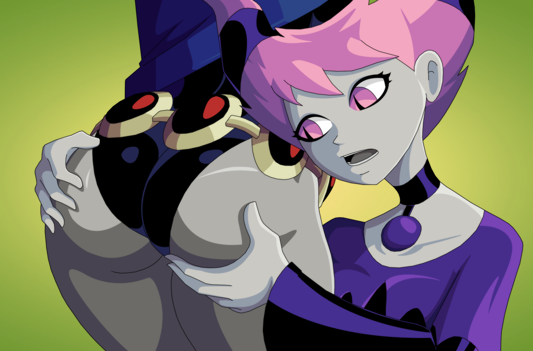 2girls, ass, ass grab, dc, dc comics, female, female face near ass, female only, grey skin, groping, groping ass, jinx (dc), leotard, multiple females, multiple girls, pale skin, pink eyes, pink hair, rachel roth, raven (dc), ravenravenraven, short hair, teen titans, yuri