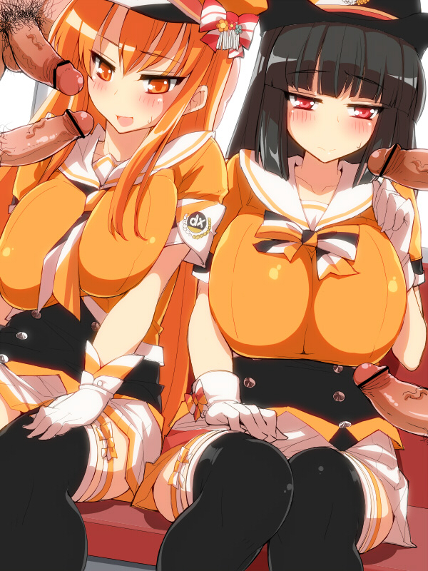 2girls :d beatmania beatmania_iidx black_hair black_legwear blush breast_press breasts closed_mouth demekyon gloves hat hime_cut hinazuki_ririna idol large_breasts long_hair multiple_girls multiple_penises neckerchief open_mouth orange_eyes orange_hair penis penis_awe red_eyes sailor_collar short_sleeves sidelocks sitting skirt smile sweat thighhighs umegiri_iroha white_gloves white_skirt