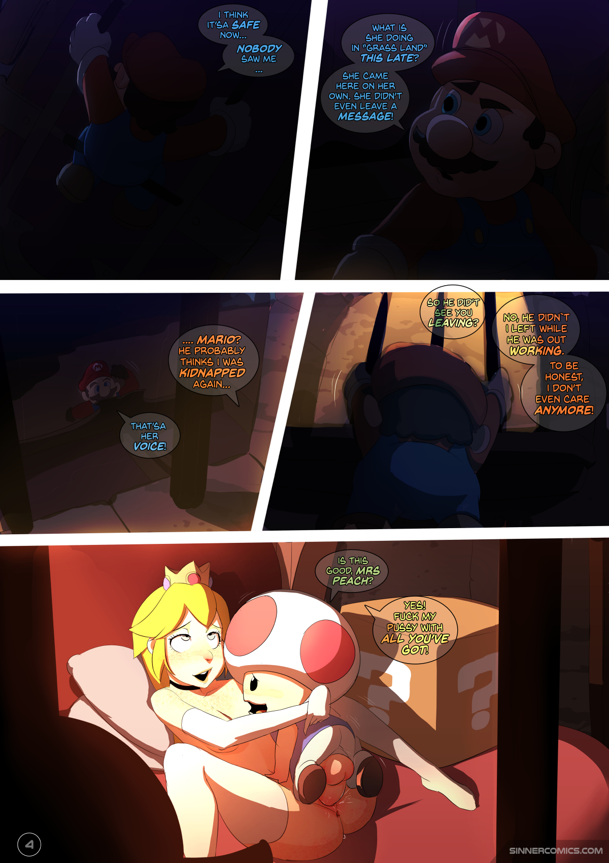 bed, blonde hair, blue eyes, blush, boner, breasts, comic, crown, cunnilingus, dialog, drool, elbow gloves, erection, female, goomba, male, mario, mario (series), multiple boys, multiple males, nintendo, nipples, open mouth, penis, pillow, princess peach, pussy, sex, sillygirl, sinner, speech bubble, super mario bros., thigh highs, toad (mario), undressing, vagina, vaginal penetration