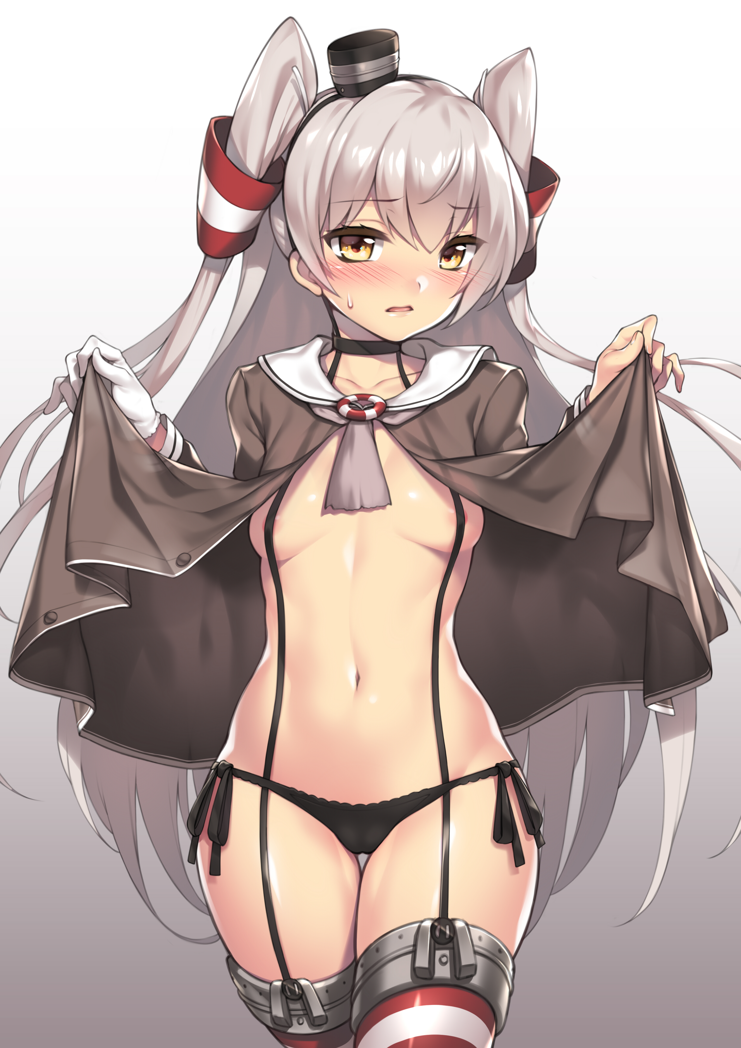 absurdres, amatsukaze (kantai collection), areola slip, areolae, black hat, black panties, black ribbon, breasts, brown eyes, brown shirt, buttons, collarbone, eyebrows visible through hair, female, fuya (tempupupu), garter straps, gradient, gradient background, hair tubes, hat, head tilt, highres, kantai collection, lifted by self, long hair, long sleeves, looking at viewer, mini hat, navel, no bra, open clothes, open shirt, panties, ribbon, sailor collar, see-through, shiny, shiny skin, shirt, shirt lift, side-tie panties, silver hair, small breasts, solo, standing, stomach, striped, striped legwear, sweatdrop, thigh gap, tied hair, twintails, unbuttoned, unbuttoned shirt, underwear, very long hair