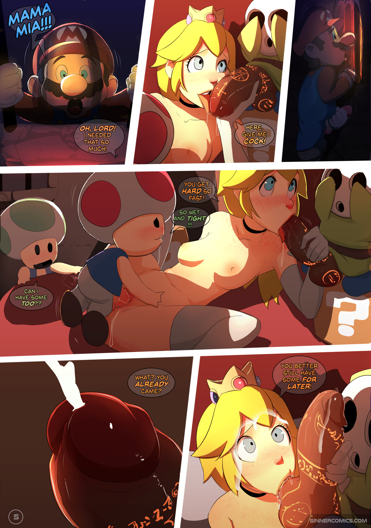 bed, blonde hair, blue eyes, blush, boner, breasts, comic, crown, cunnilingus, dialog, drool, elbow gloves, erection, facial, female, goomba, licking, male, mario, mario (series), multiple boys, multiple males, nintendo, nipples, open mouth, oral, penis, pillow, princess peach, pussy, sex, shy guy, sillygirl, sinner, speech bubble, super mario bros., thigh highs, toad (mario), undressing, vagina, vaginal penetration