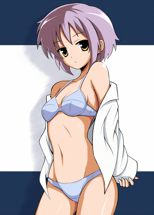 bangs, blue bra, blue panties, bra, breasts, brown eyes, clothing, cowboy shot, crotch seam, dress shirt, eyebrows visible through hair, female, letterboxed, long sleeves, looking at viewer, nagato yuki, no pants, off shoulder, panties, parted lips, purple hair, ritsuo (ti4auc), shadow, shirt, short hair, small breasts, solo, standing, suzumiya haruhi no yuuutsu, underwear, white shirt