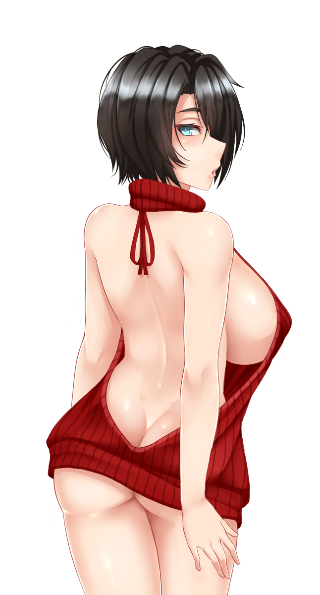 ass back backless backless_outfit black_hair blue_eyes breasts female large_breasts long_hair looking_at_viewer looking_back meme naked_sweater open_mouth original saya_(twrlare) shiny shiny_hair shiny_skin sideboob simple_background solo sweater turtleneck twrlare virgin_killer_sweater white_background