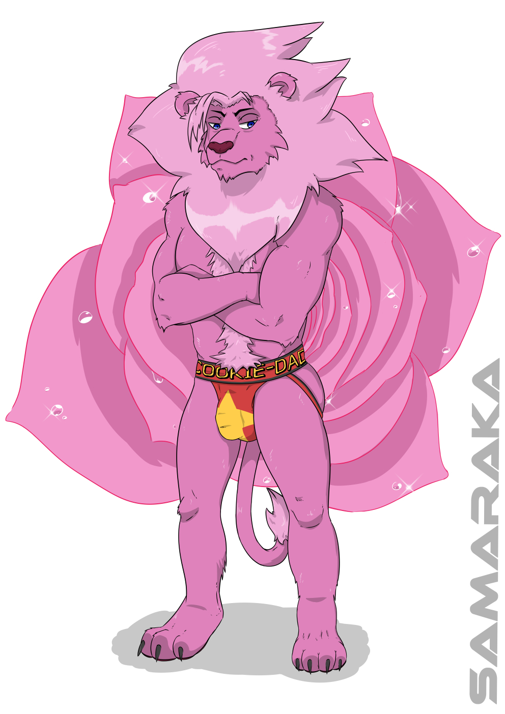 1boy anthro anthrofied athletic barefoot body_hair bulge cartoon_network clothing crossed_arms feline flaccid flower front_view full-length_portrait happy_trail jockstrap lion lion_(steven_universe) male male_only mammal penis penis_outline pinup plant plantigrade portrait pose rose samaraka signature solo standing steven_universe underwear unimpressed