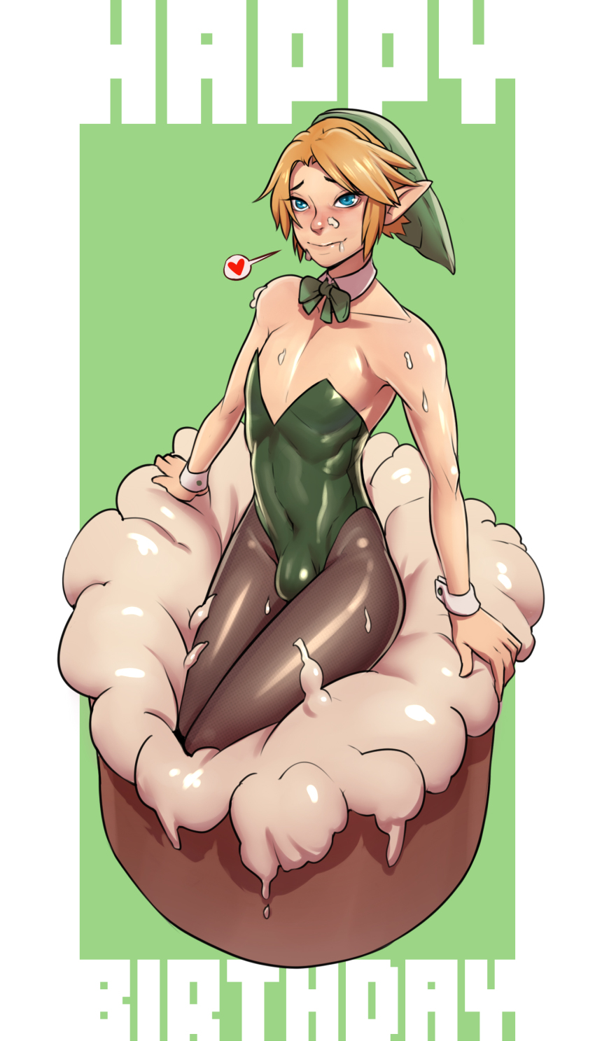 1boy, blonde hair, blue eyes, blush, bowtie, bulge, bunnysuit, cake, cream, detached collar, femboy, girly, happy birthday, john doe, link, male, male only, nintendo, pointy ears, solo, the legend of zelda, wrist cuffs